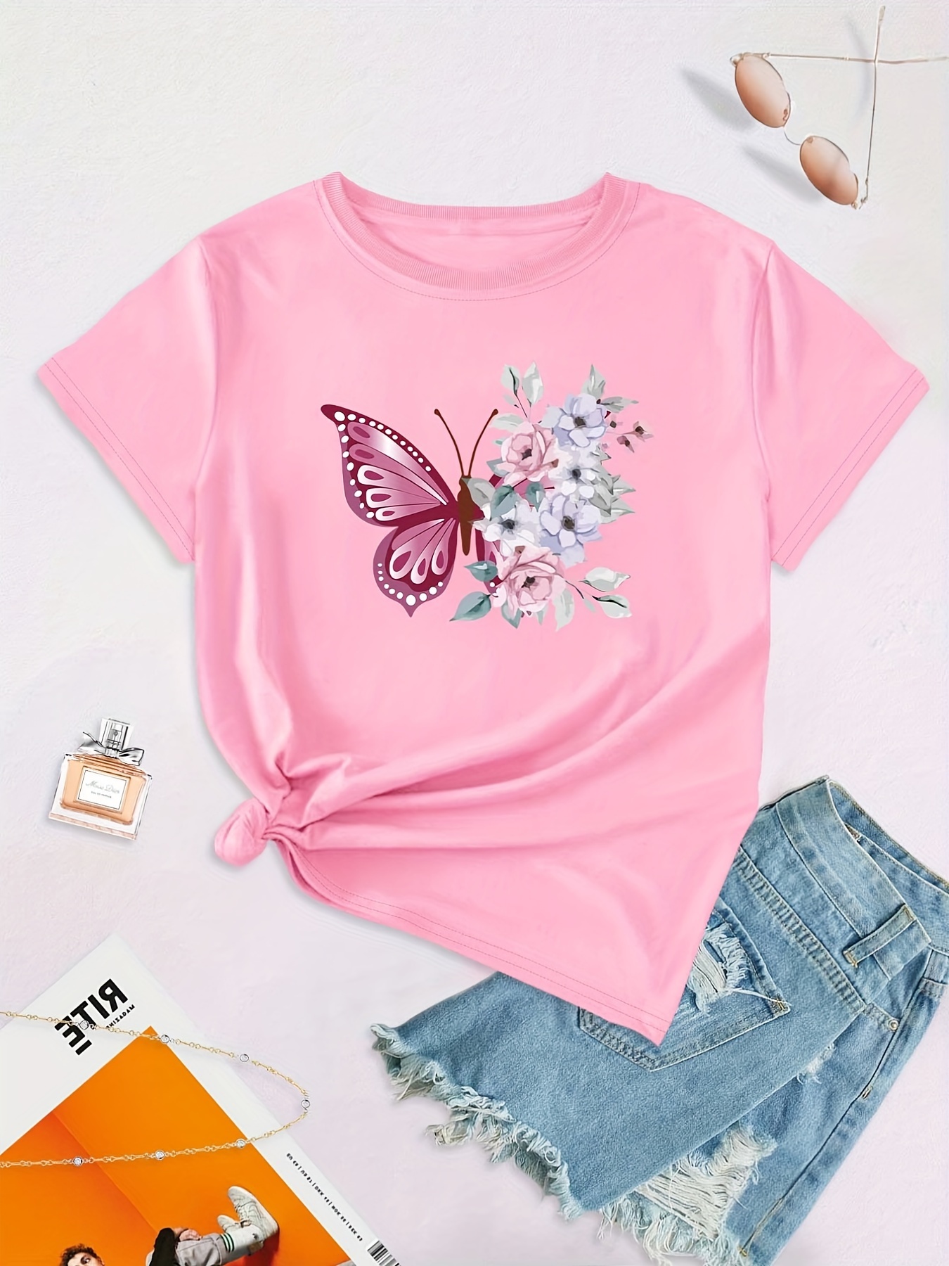 Camiseta Cuello Redondo Estampado Mariposas Flores Camisetas - Temu