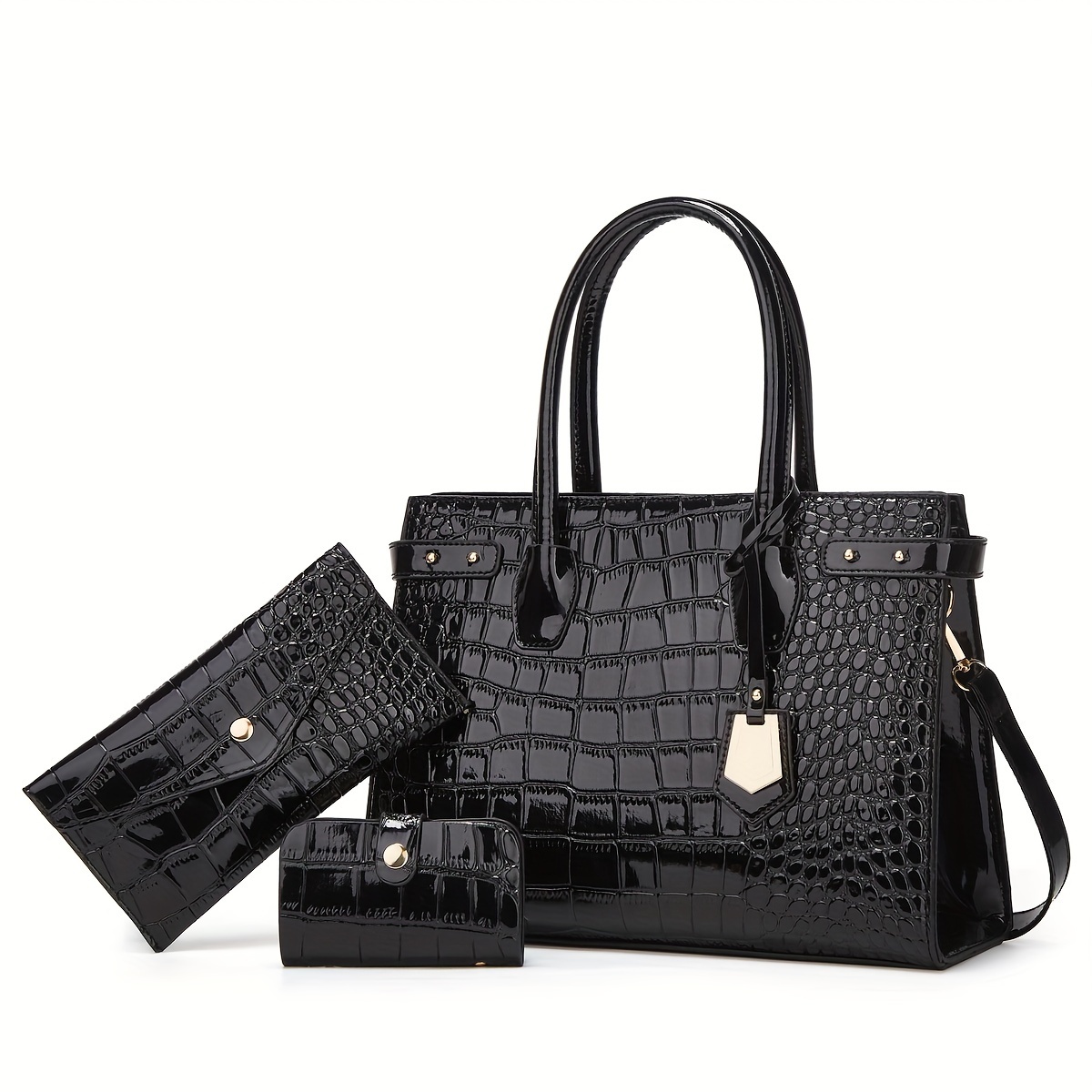 Black Crocodile Embossed Handbag Large Capacity Zipper Tote - Temu