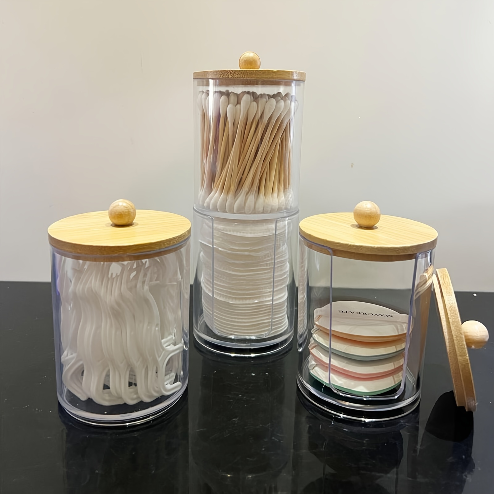 Cotton Swabs Holder Dispenser With Bamboo Lids Clear Acrylic - Temu