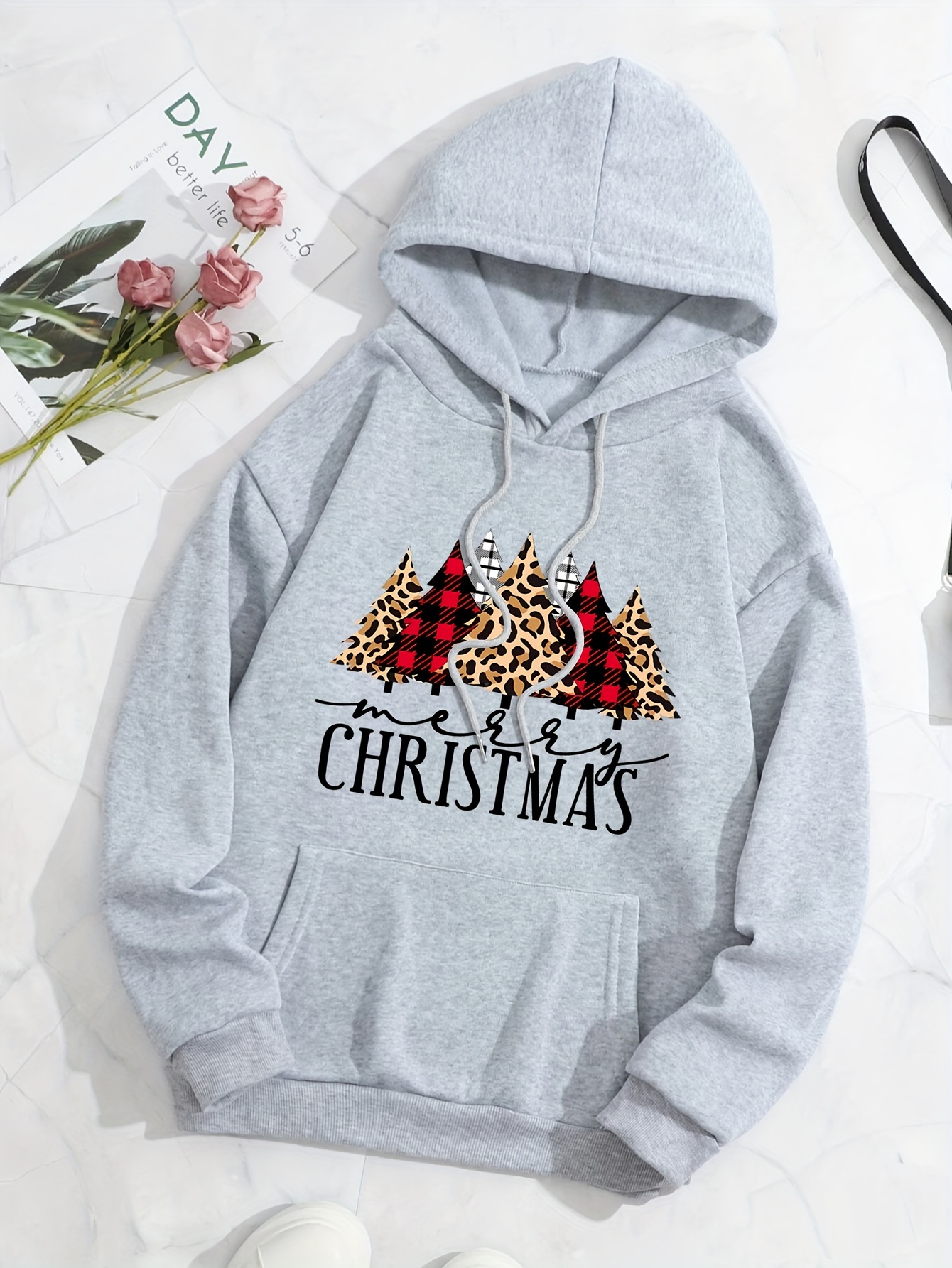 Christmas Tree Print Hoodie Casual Pocket Long Sleeve - Temu