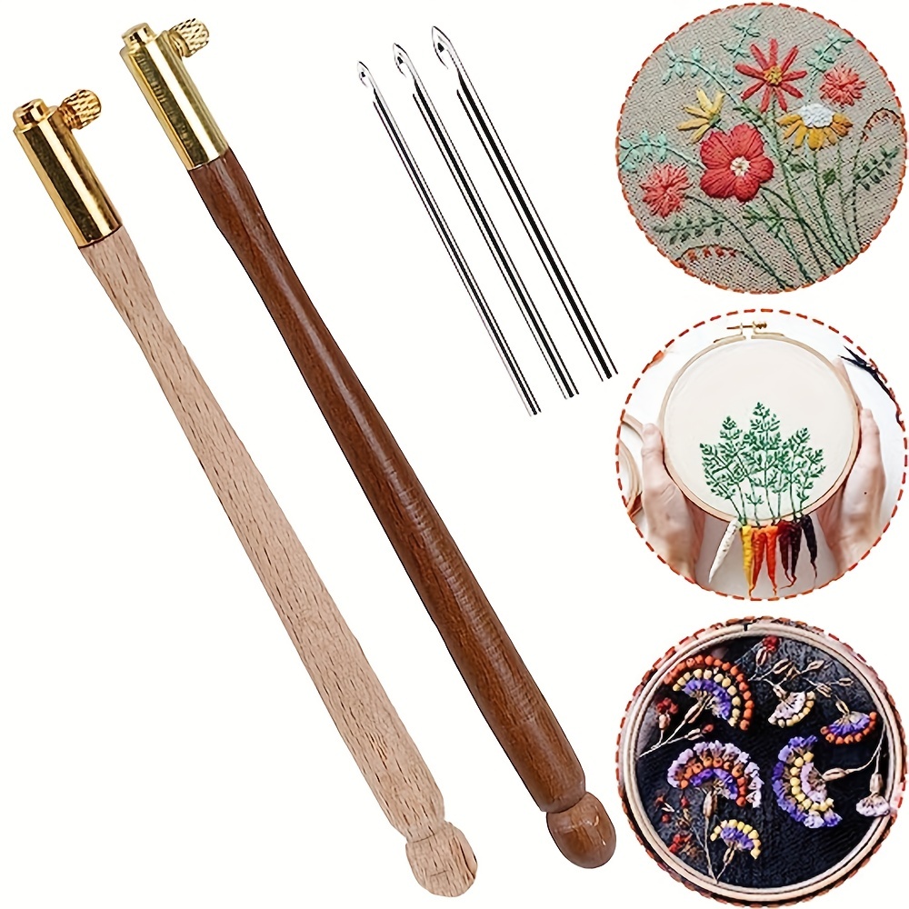 1pc Embroidery Crochet Hooks With 3 Needles Wooden Handle French Tambour  Hooks Tools For Sewing Embroidery Beading Sequins