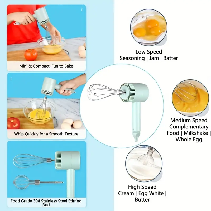 1 set multifunctional electric garlic masher egg beater 2 in 1 set rechargeable portable handheld mixer mini meat grinder usb charging kitchen tool with multiple attachments for cake cream baking Product details 6