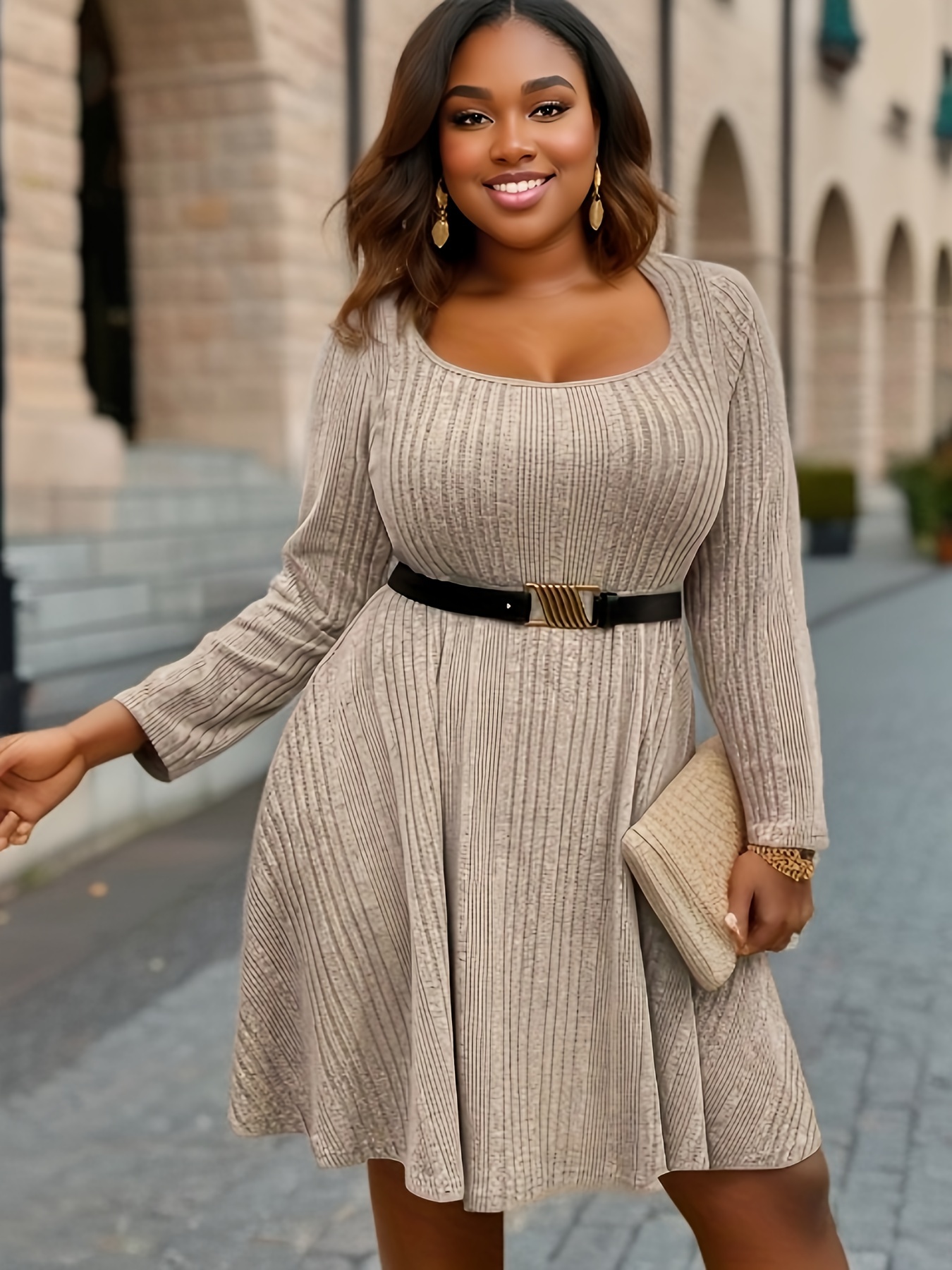Plus Size Casual Dress Women's Plus Solid Ribbed Long Sleeve - Temu