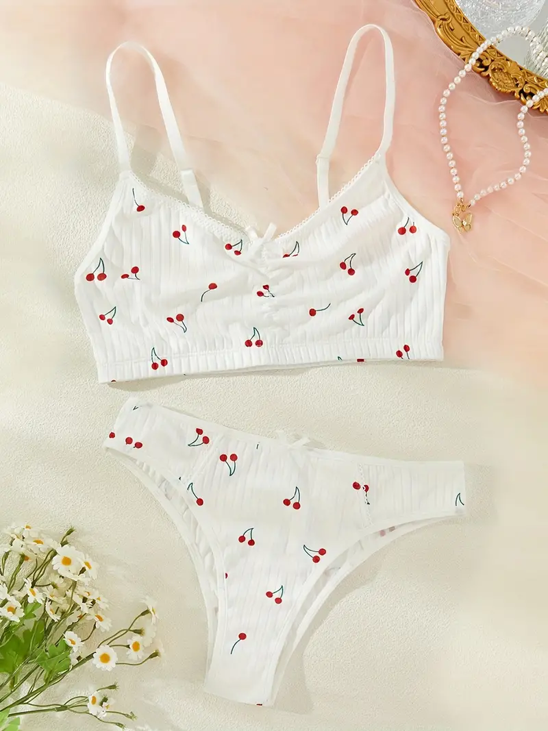 valentine's day Cherry Print Bra & Panties, Cute Wireless Bra & Bow Tie  Panties Lingerie Set, Women's Lingerie & Underwear