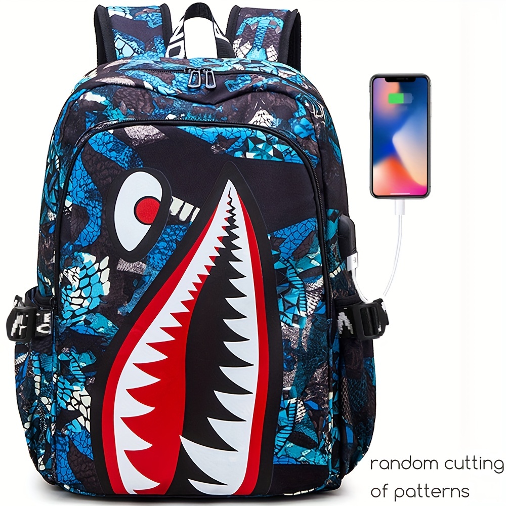 Large Capacity Shark Retro Print Backpack, Oxford School Daypack