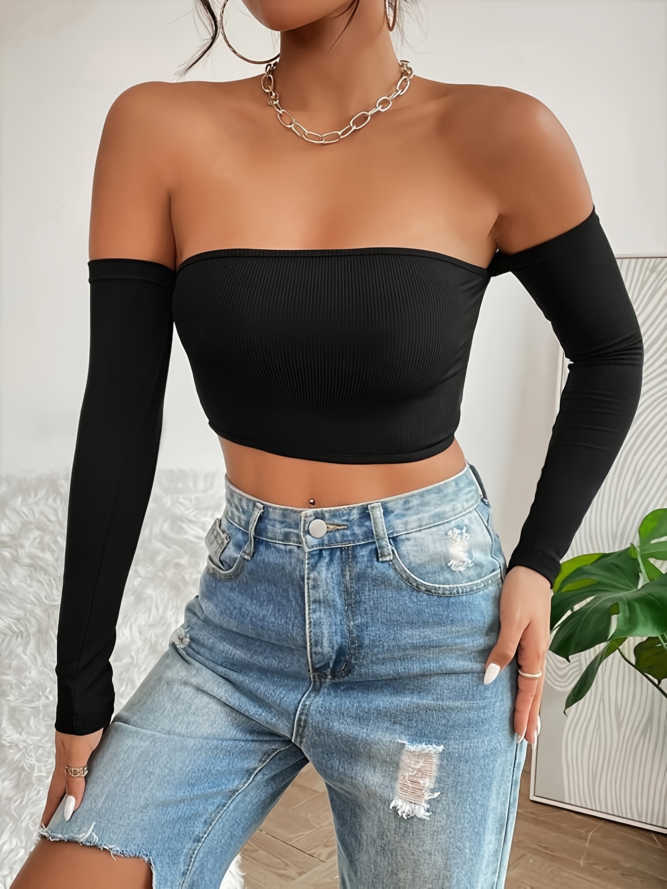 Women's Sexy Off Shoulder Long Sleeve Cropped Top Printed Wide Leg