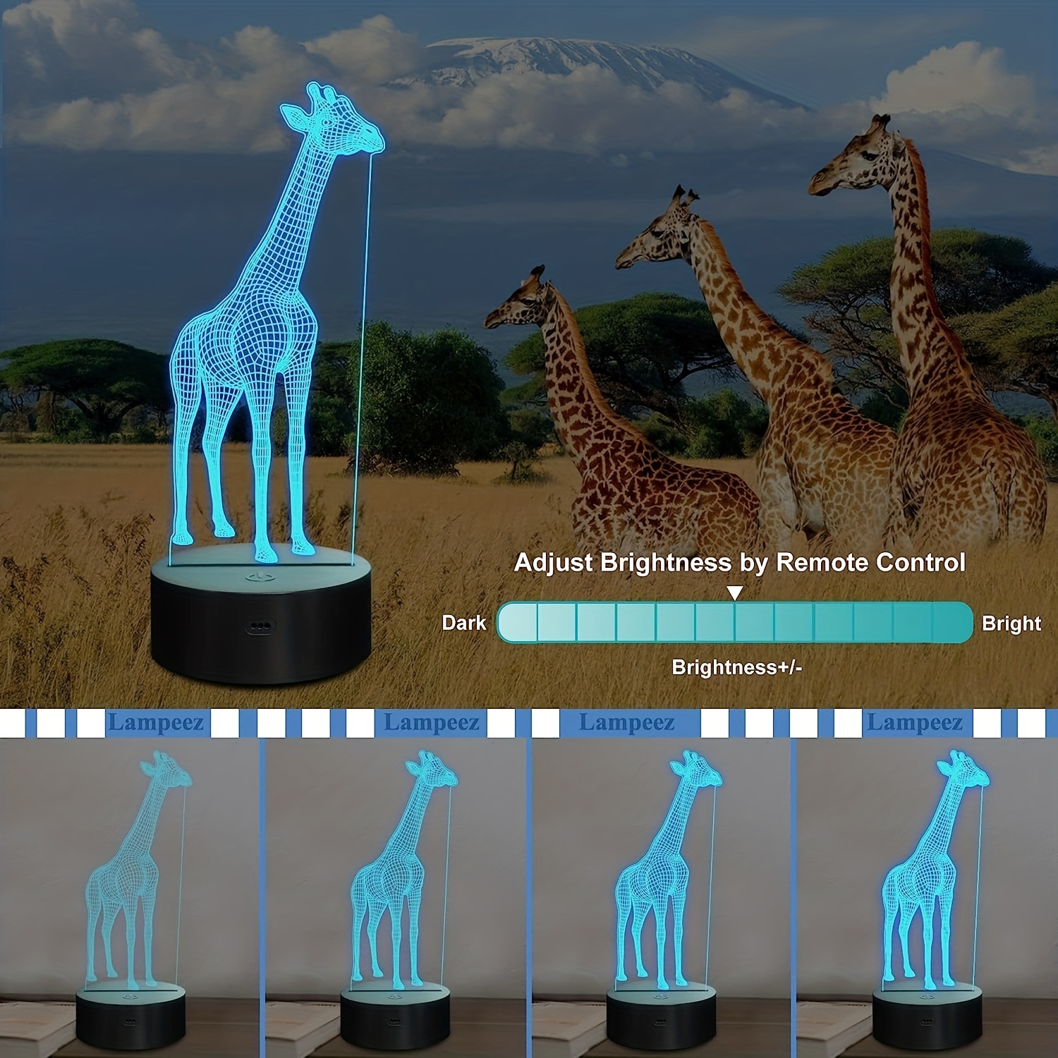 Giraffe 3d Illusion Led Table Animals Temu Decor Room Night Lamp 