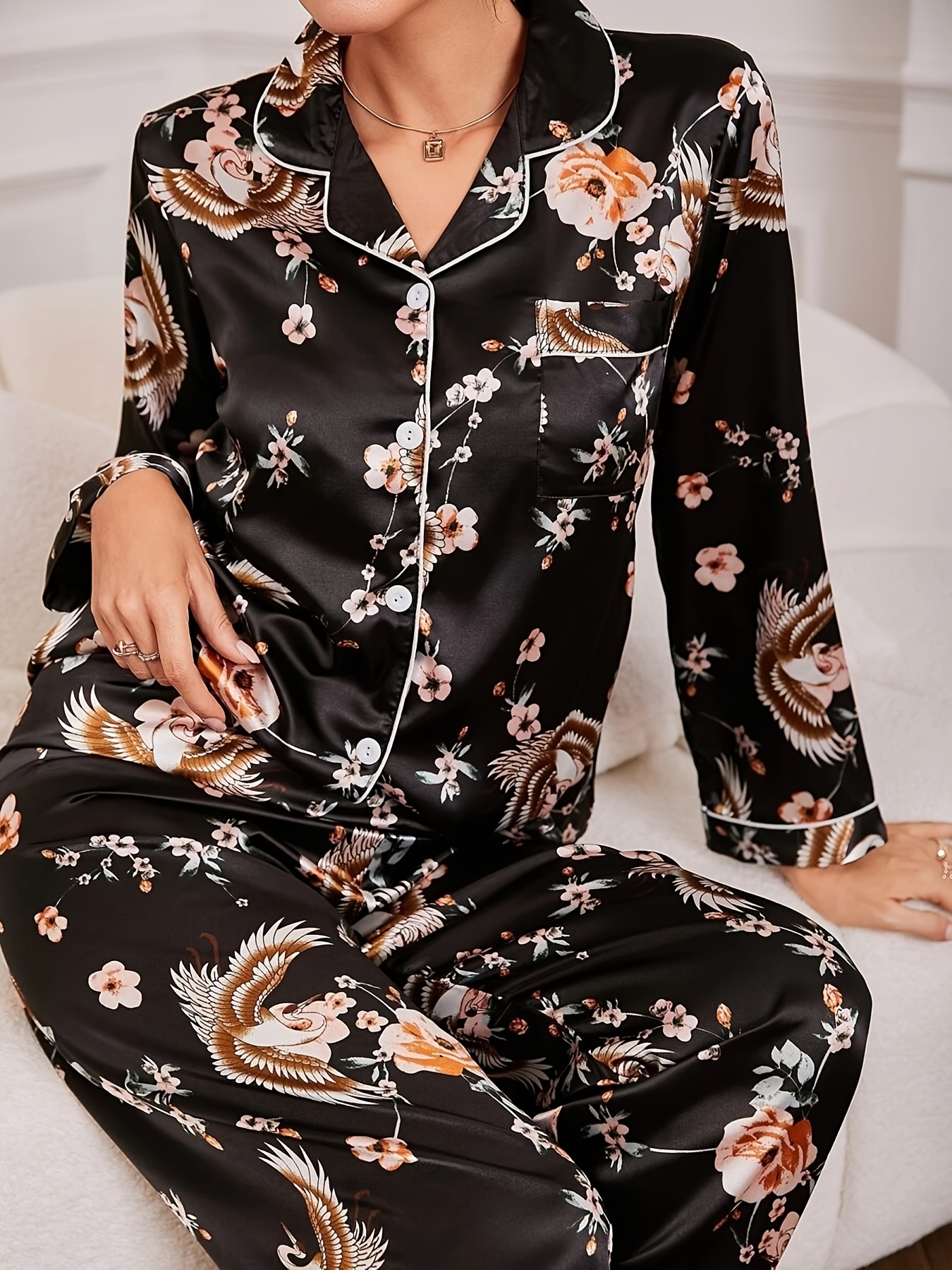 Elegant Floral Print Pajama Set, Long Sleeve Button Up Top & Elastic  Waistband Pants, Women's Sleepwear & Loungewear - Temu