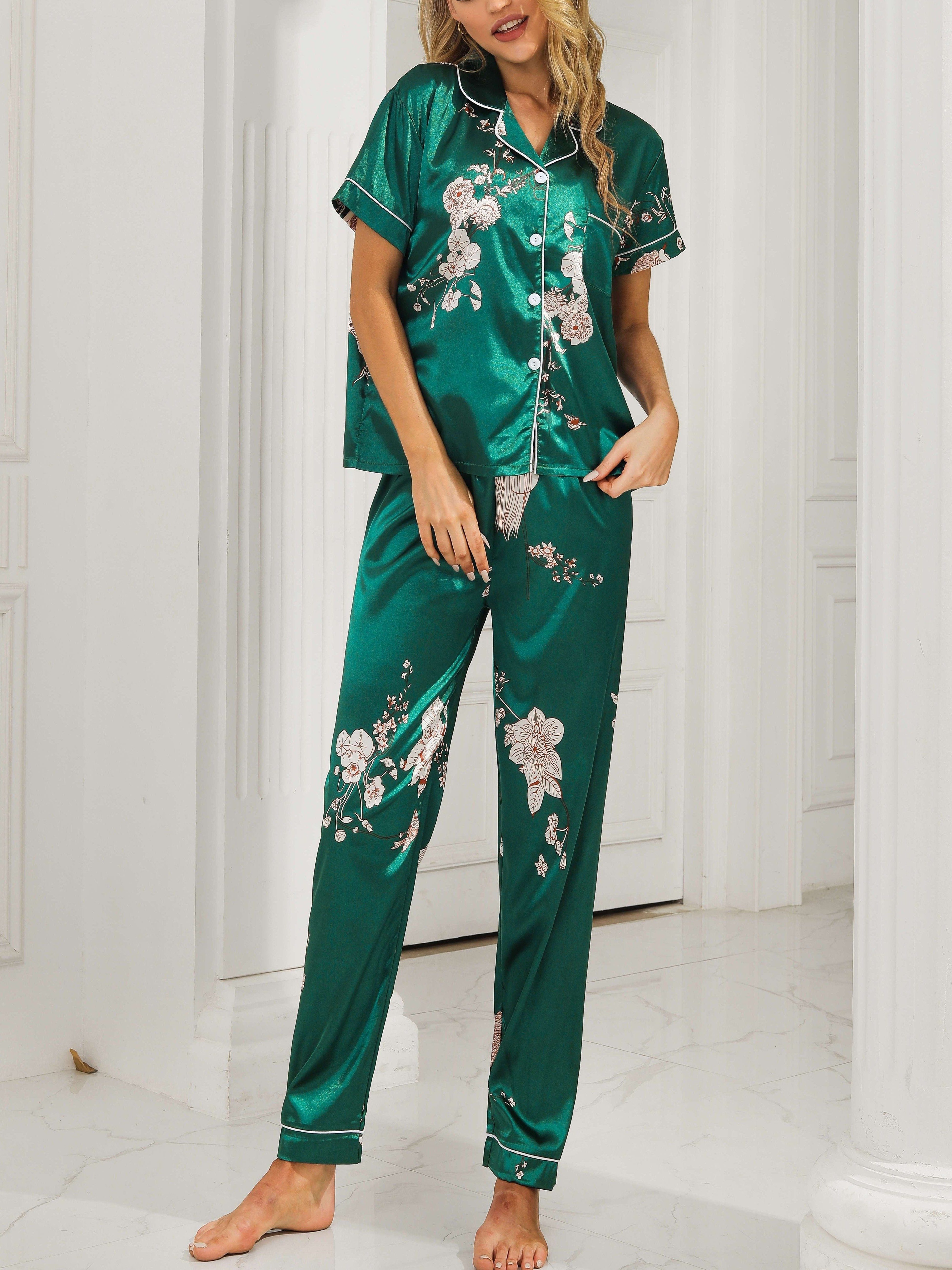 Green Floral Print Satin Pajama Set Smooth Comfort Short - Temu Canada