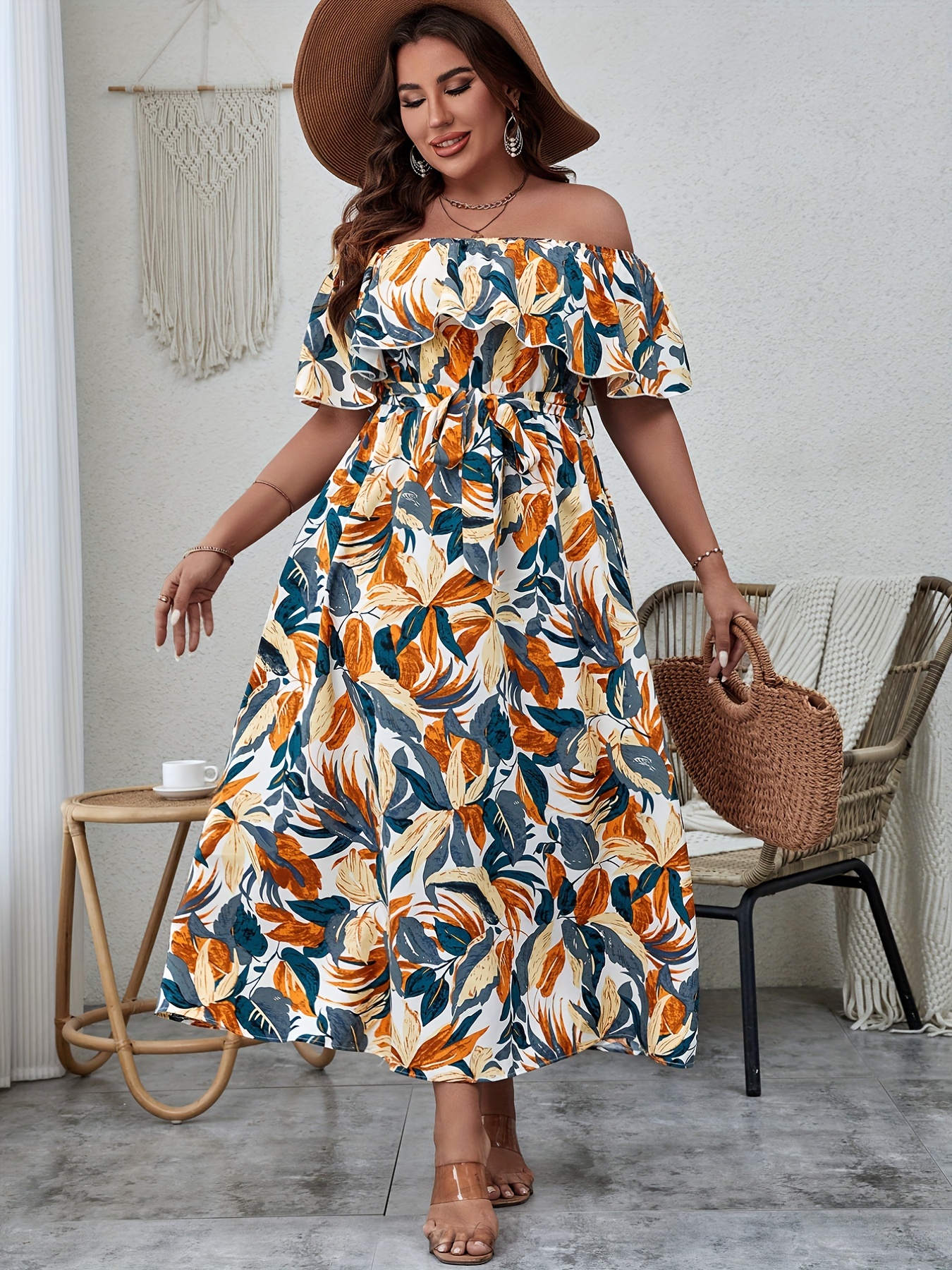 Plus Size Boho Dress, Women's Plus Tropical Print Off Shoulder Ruffle Trim  Belted Maxi Summer Dress