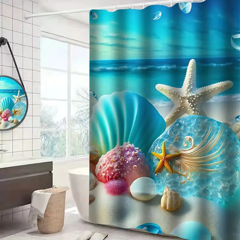 4pcs Beautiful Blue Beach Shell Party Decoration Shower Curtain Set,  Waterproof Shower Curtain With 12 Hooks, Non-Slip Bathroom Rug, Toilet  U-Shape Ma