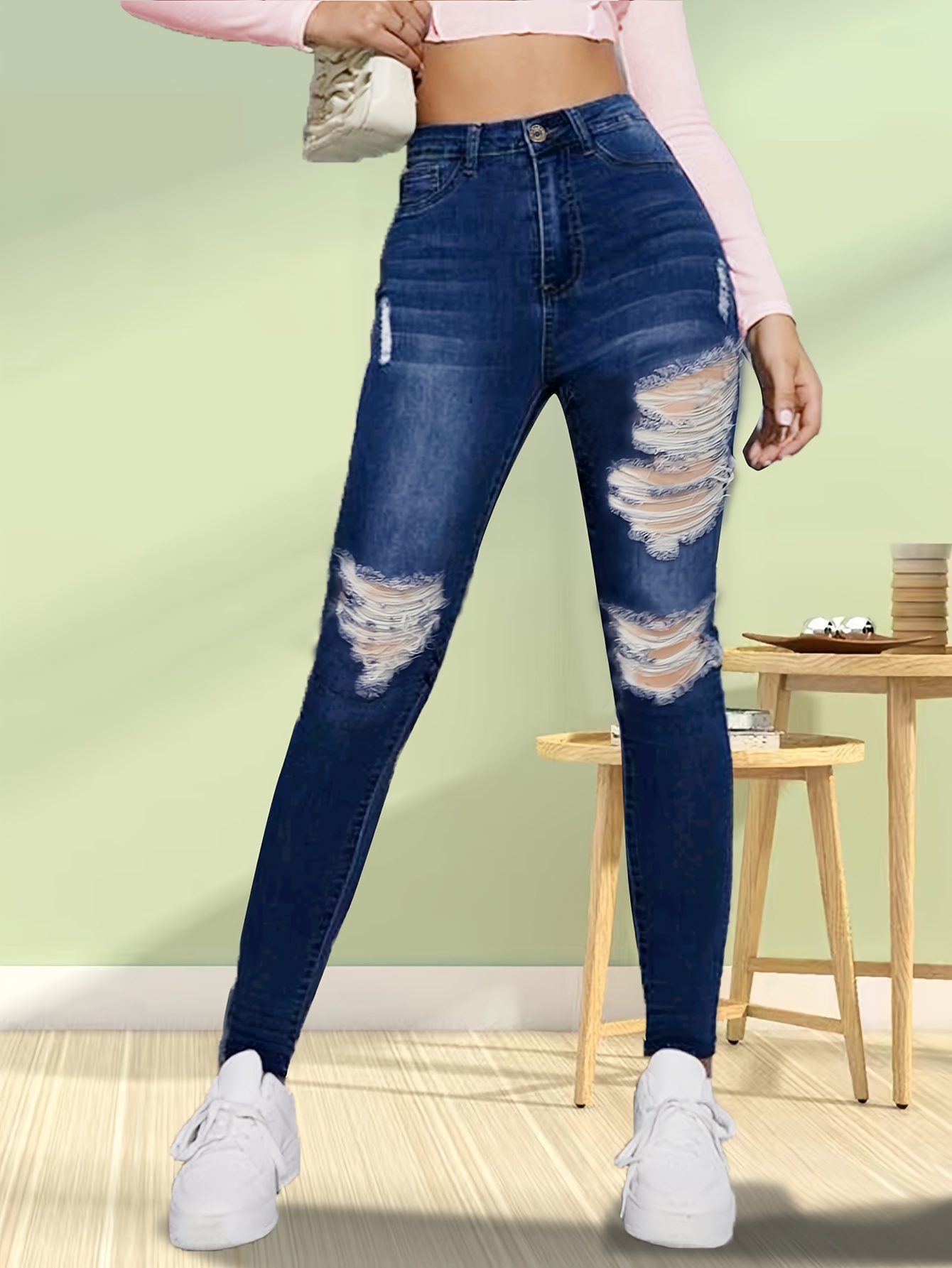 Black Ripped Holes Skinny Jeans, Slim Fit High-Stretch Slant Pockets  Versatile Tight Jeans, Women's Denim Jeans & Clothing