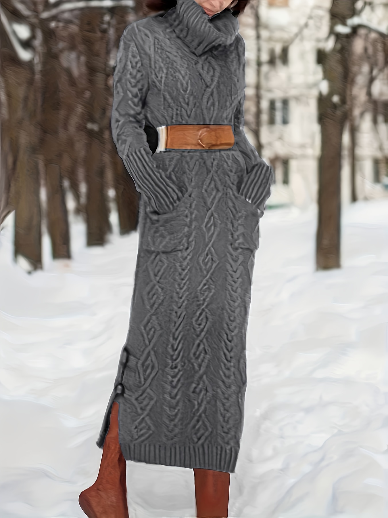 Turtleneck Cable Knit Sweater Dress Elegant Long Sleeve - Temu