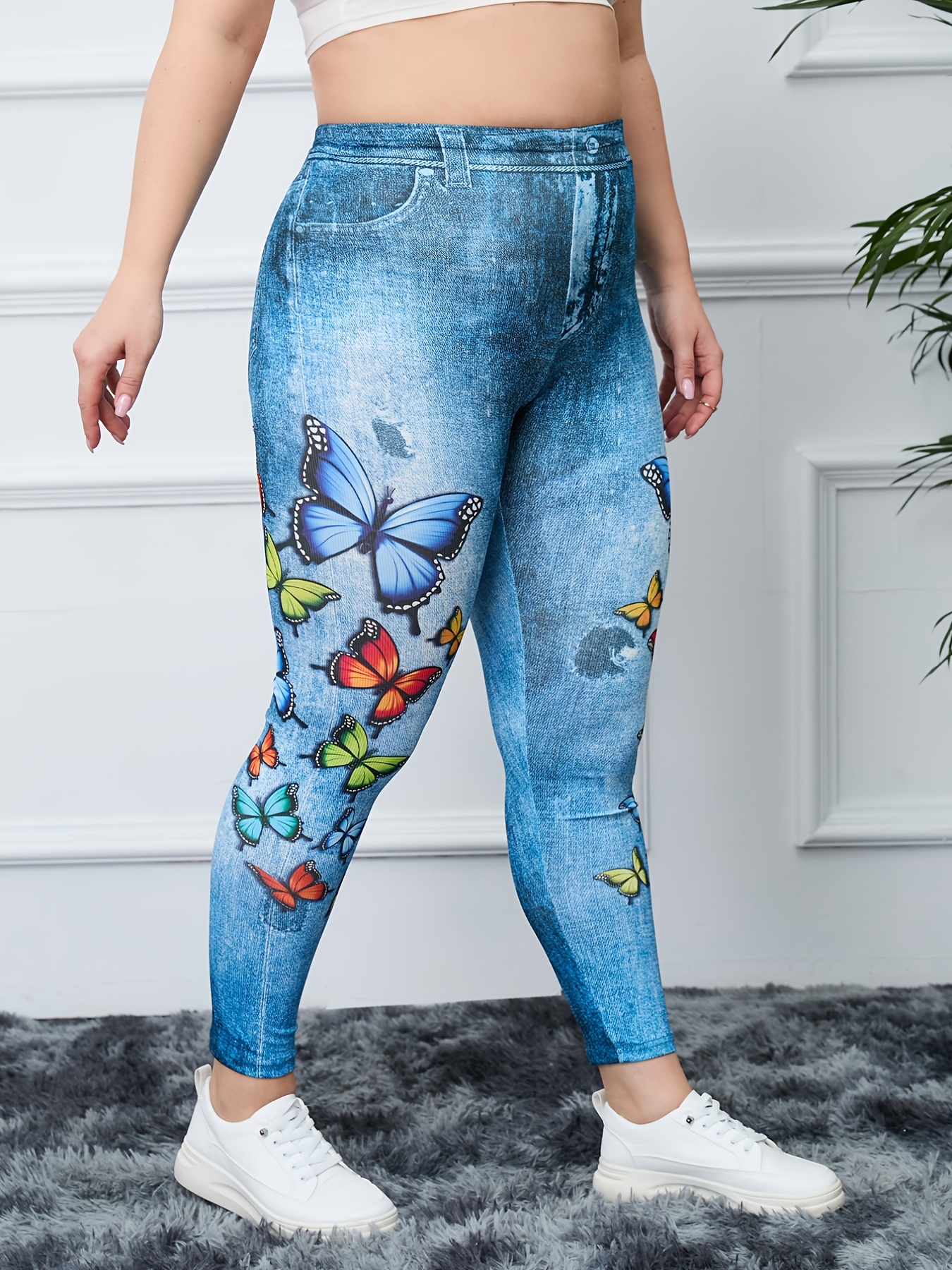 NEW Women Faux Denim Jeans Leggings Butterfly Printed Pencil Slim