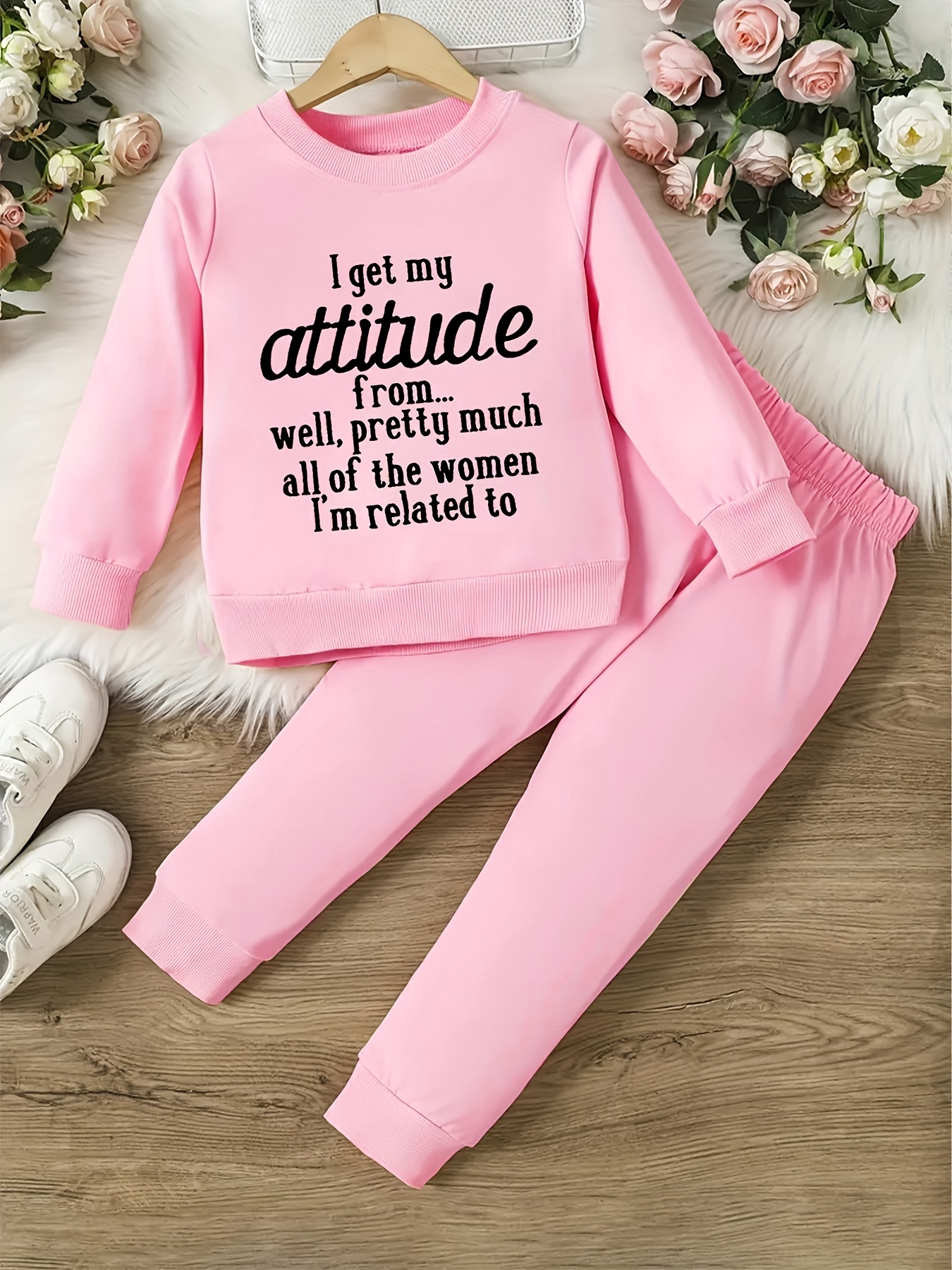 Girl's Casual Outfit Sweatshirt Sweatpants Set Get Attitude - Temu