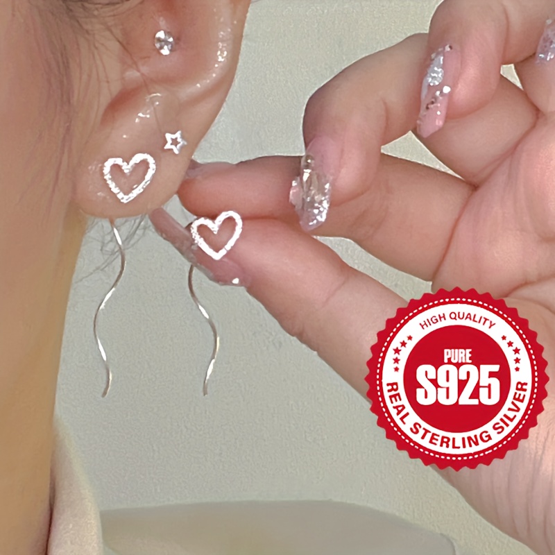 

Sterling 925 Silver Hypoallergenic Ear Jewelry Hollow Heart Waving Line Design Dangle Earrings Elegant Luxury Style Valentine's Day Gift For Lovers