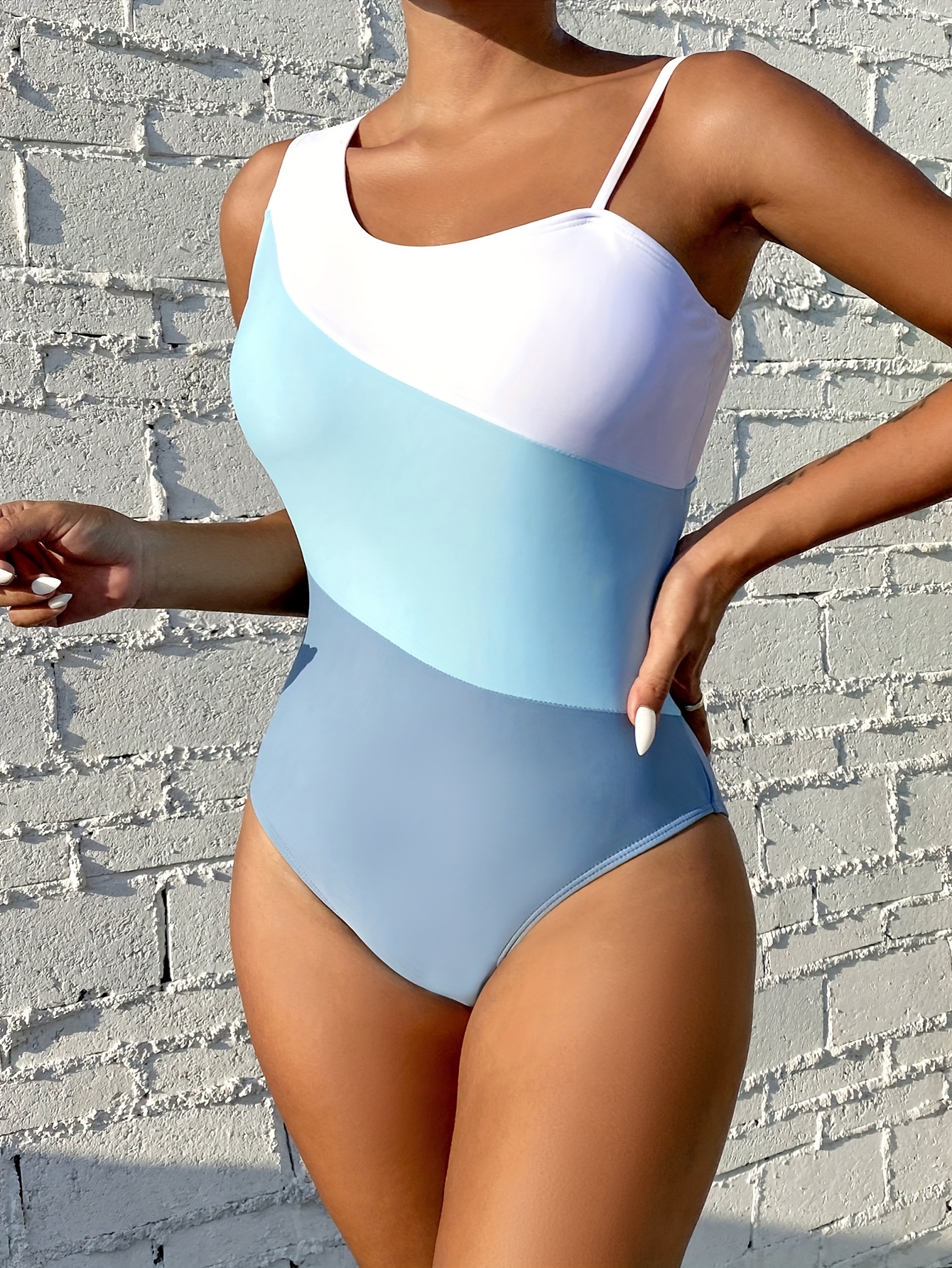 Asymmetric Cut Color Block Swimsuit Gradient Blue - Temu Canada