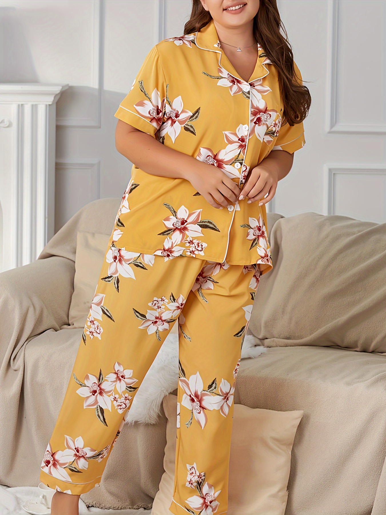 Cheap Women's Plus Size Short Sleeve Tee and Trouser Pajama Set