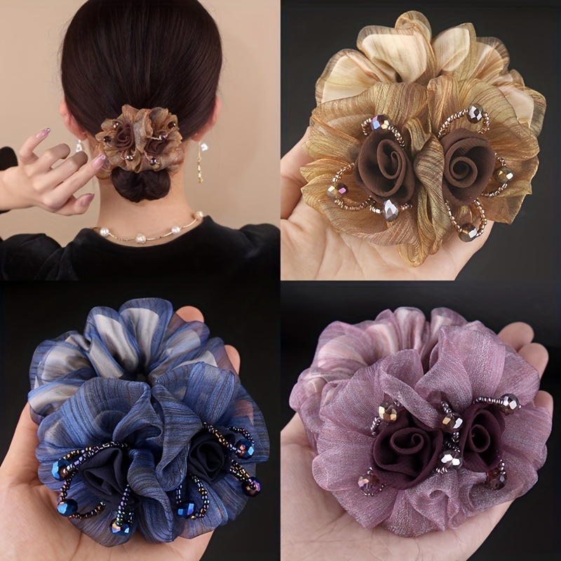 

3/4pcs Crystal Organza Scrunchies Beads Flower Decor Hair Tie Elegant Ponytail Bun Holder Hair Rope Women Female Hair Accessories