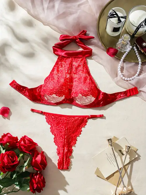 Hot Strappy Lingerie Set Lace Plunge Bra Thong Panties - Temu