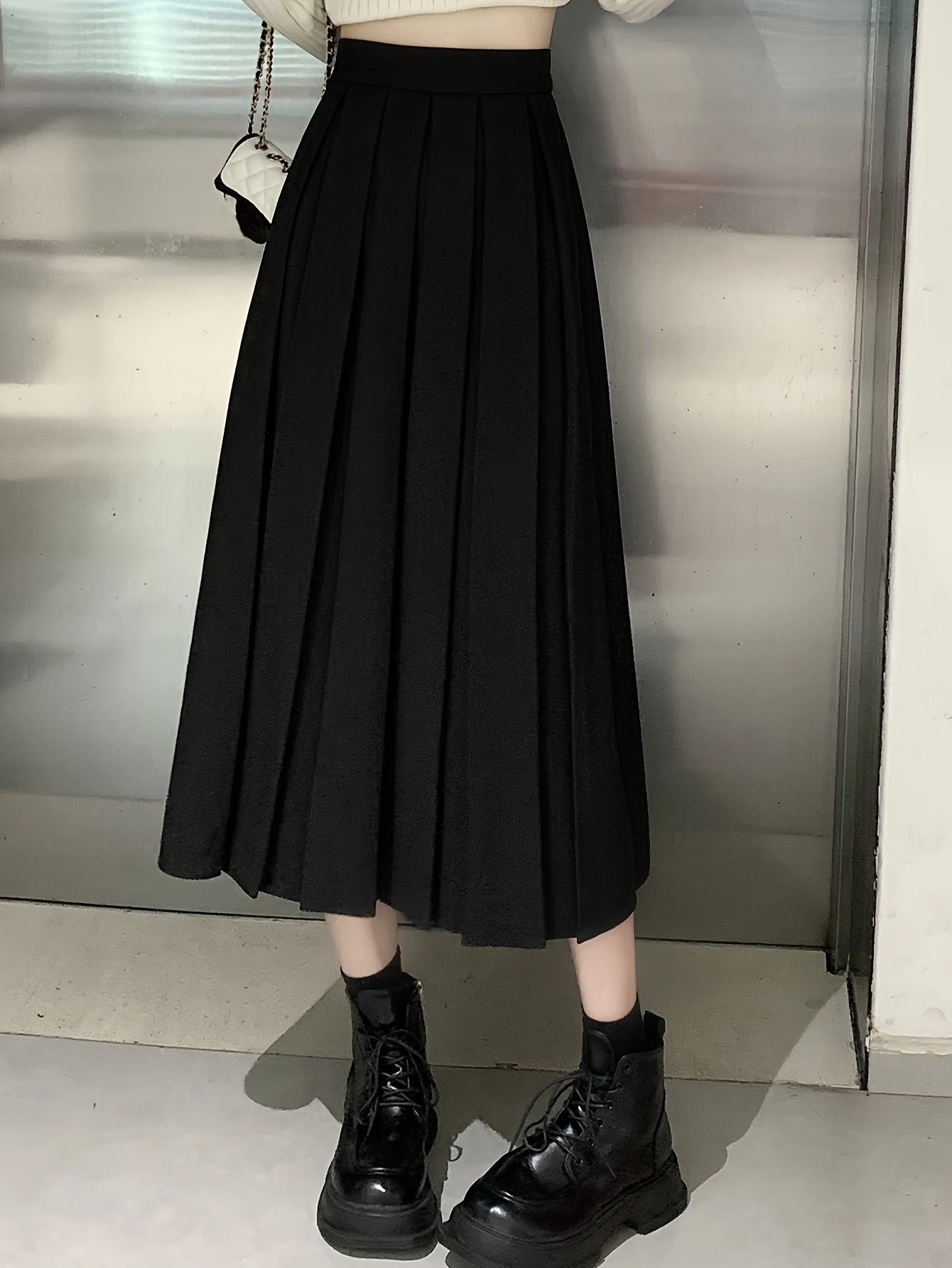 Elegante falda plisada midi sólida para mujer, falda larga de cintura alta  para mujer, falda larga de cintura alta para mujer (color albaricoque