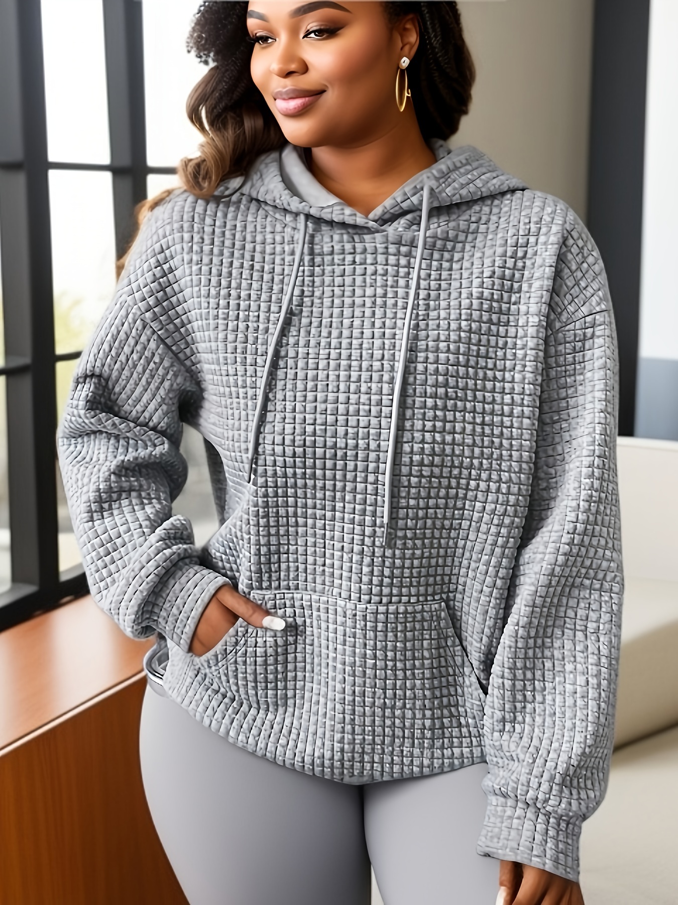 Plus Size Casual Sweatshirt Women's Plus Solid Waffle Knit - Temu