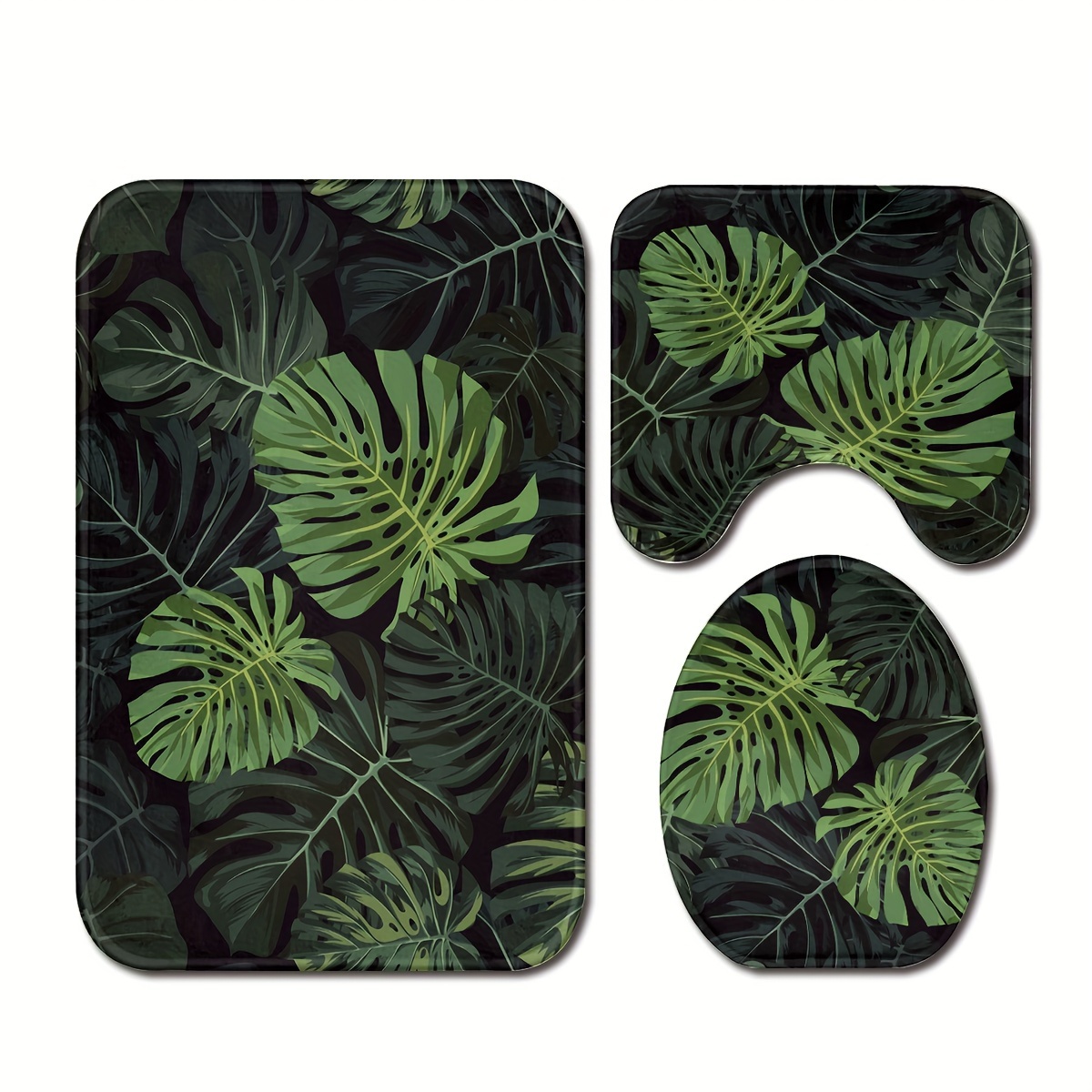 

3pcs/set Tropical Leaves Printed Floor Mat, Three-piece Bathroom Mat Set, Mat, Water-absorbent Mat, Toilet Lid Mat, Toilet U-shaped Mat, Floor Rugs