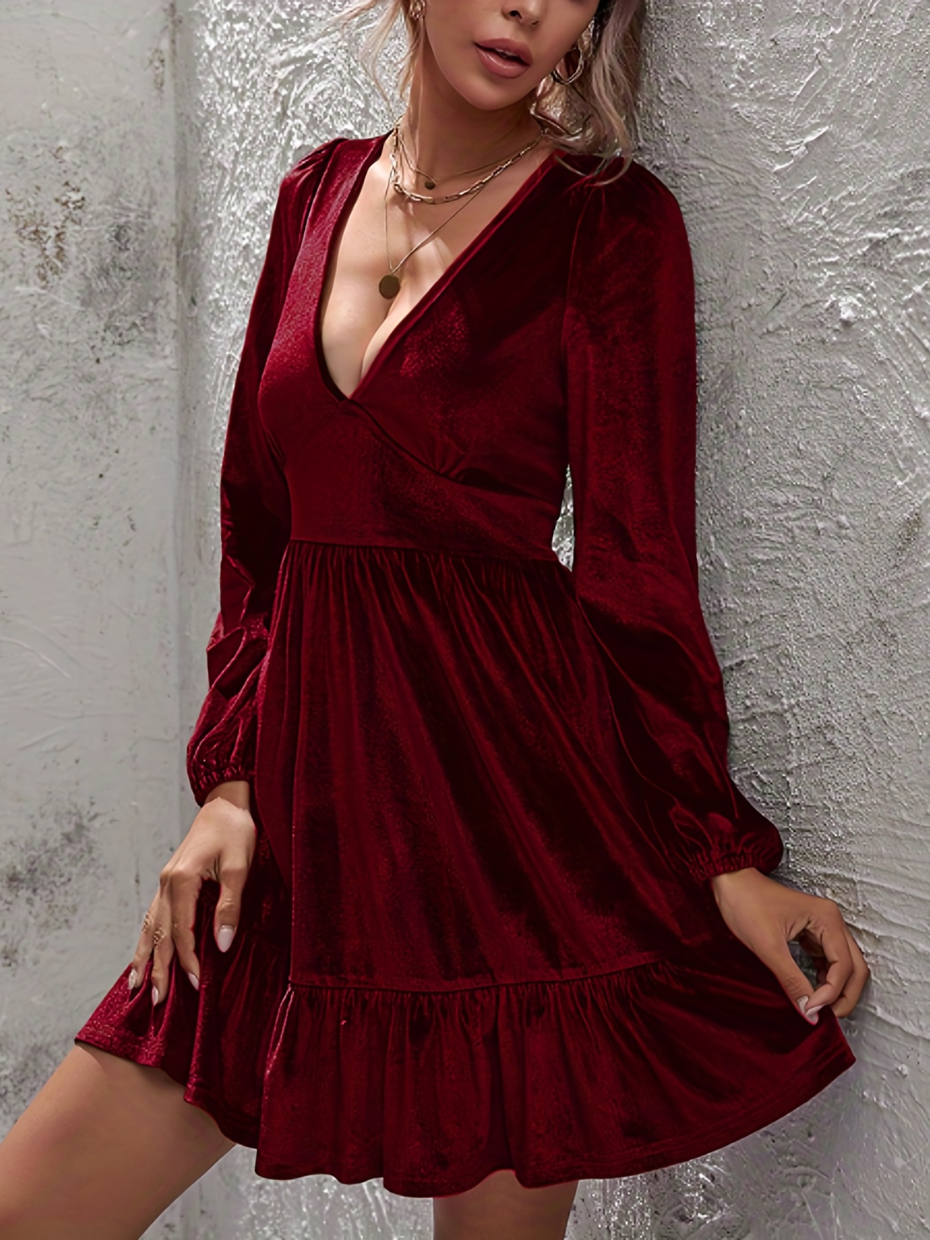 Leinenkleid Damen Mit Taschen - Langes Freizeitkleid 3/4 Ärmel V-Ausschnitt