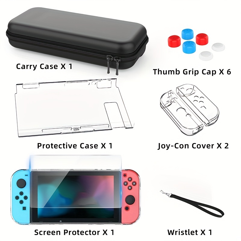 case for nintendo switch 9 in 1 accessories kit with carrying case dockable protective case hd screen protector and 6pcs thumb grips caps details 7