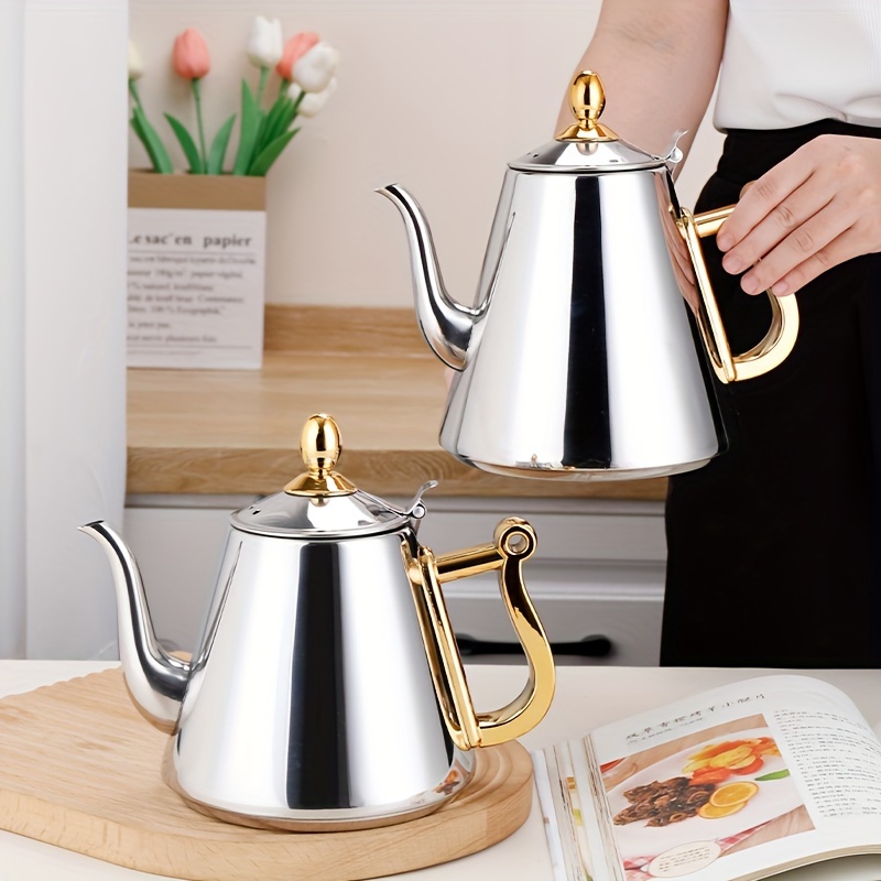 1pc Stainless Steel Water Kettle TeaPot With Filter - Thick And Durable,  Induction Cooker Compatible, Golden Silvery Finish, Perfect For Tea And  Coffe