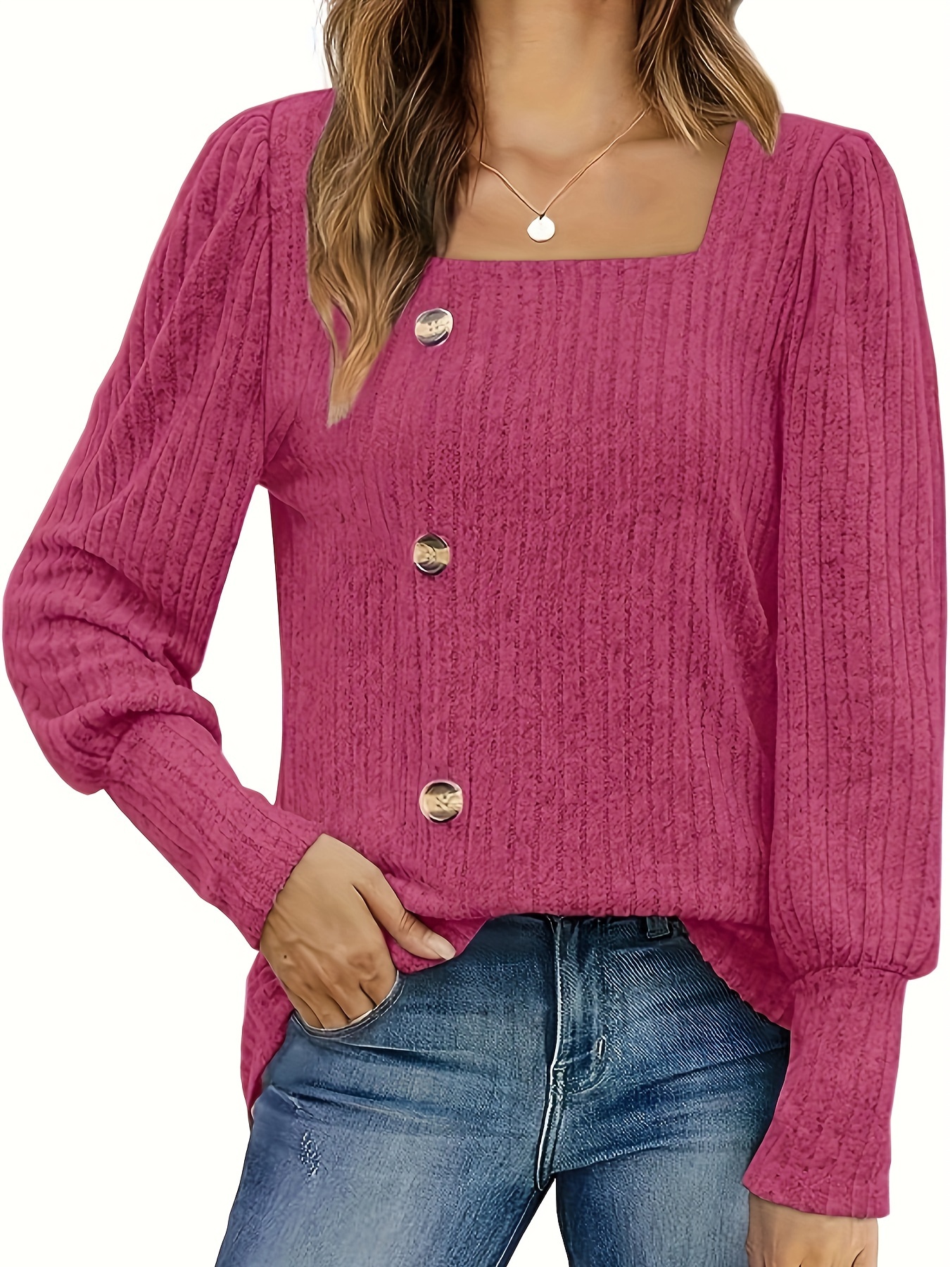 Solid Square Neck Rib Knit Sweater Casual Button Long Sleeve - Temu