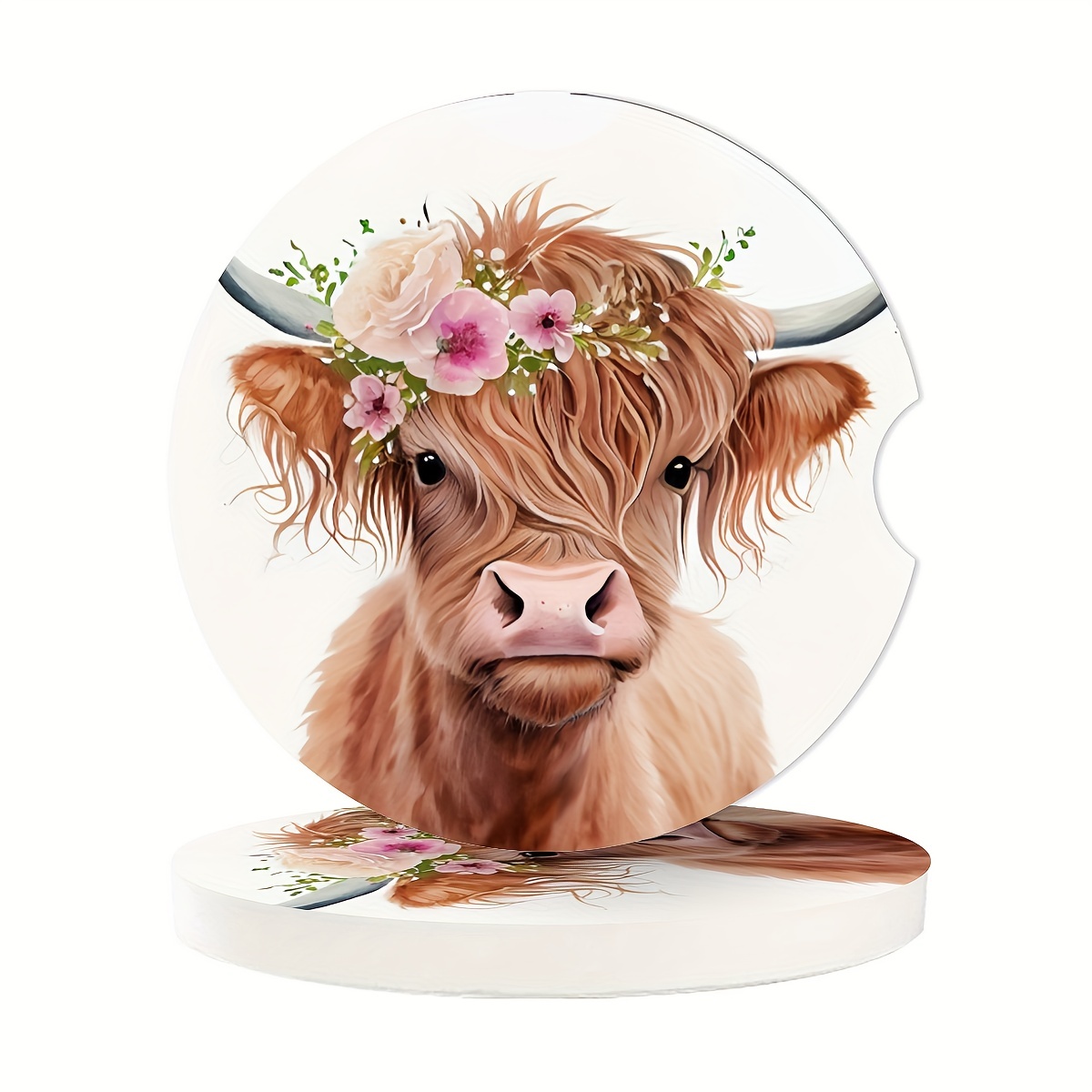 Highland Cow Ceramic Coasters, Sublimation Coaster Set of 2