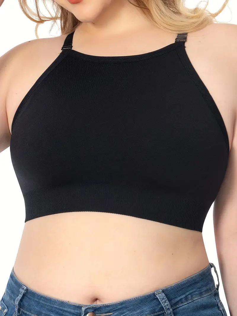 Plus Size Sporty Bra, Women's Plus Solid Comfort & Breathable Full Coverage  High Stretch Bra With Removable Padded