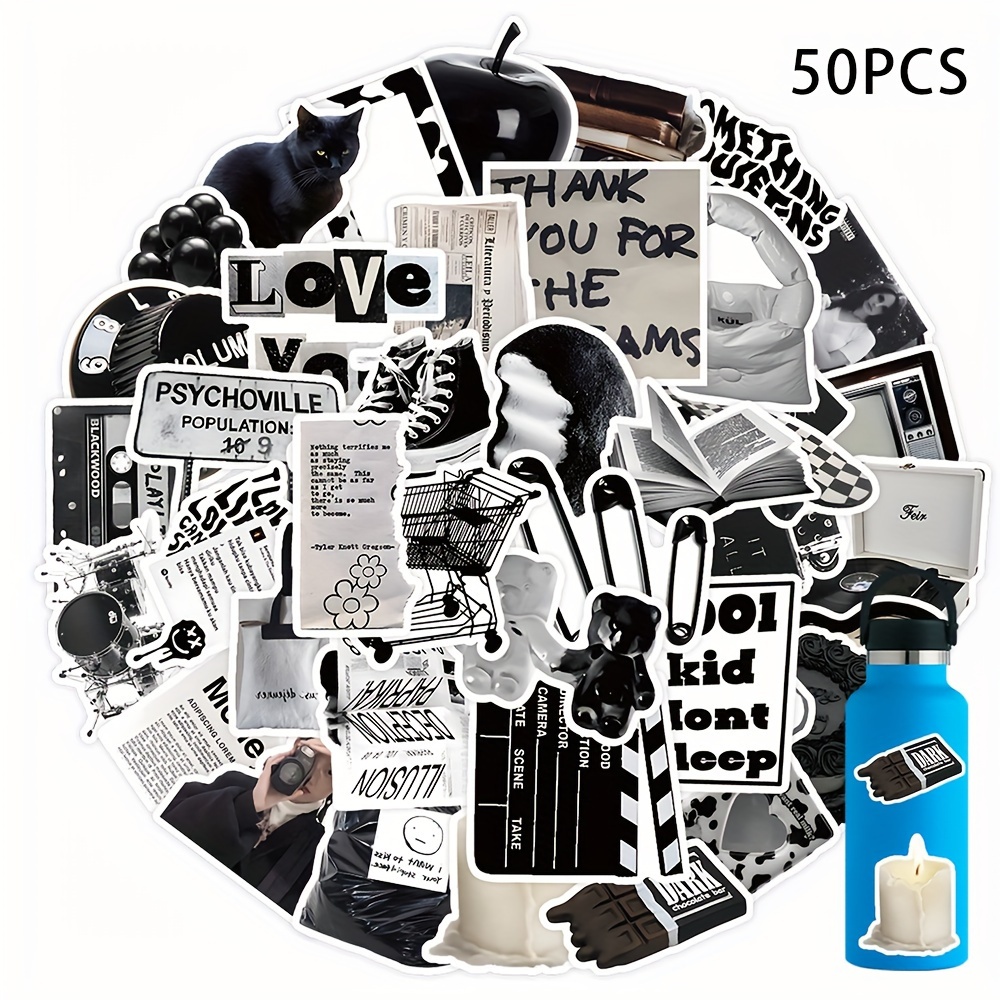 50pcs Cute black & white Sticker Pack For Water  Bottle,Laptop,Journal,Scrapbook