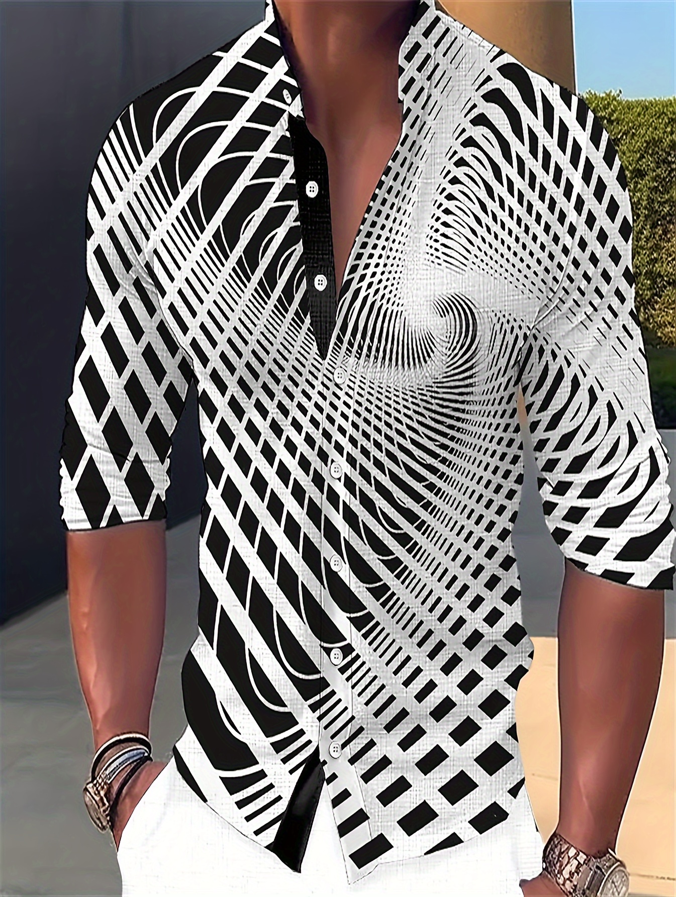 optical illusion geometric pattern mens long sleeve stand collar shirt mens spring fall fashion top details 27