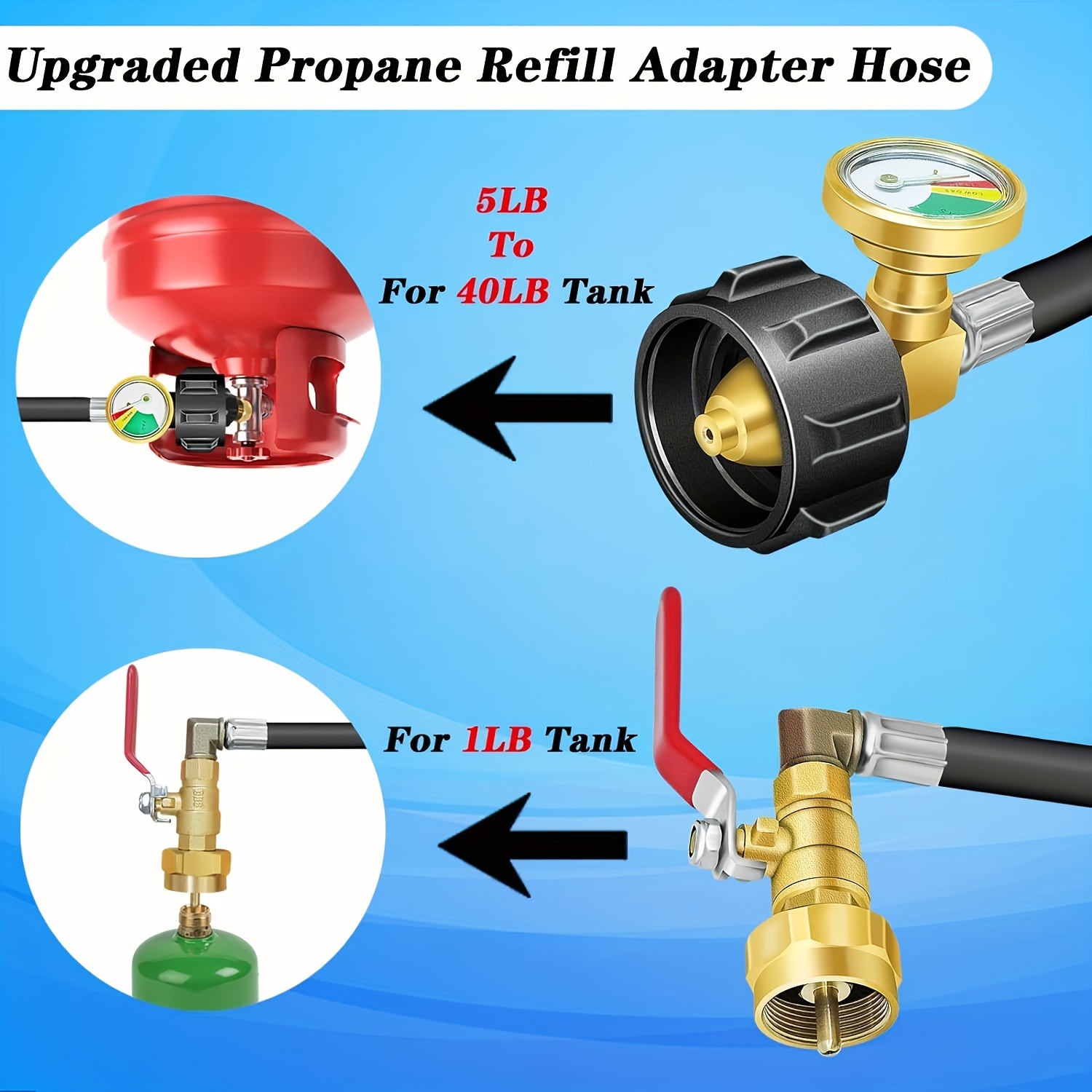 3 feet propane refill adapter hose with gauge and on off control valve extension propane refill hose fill 1 pound bottles from 20lb tank