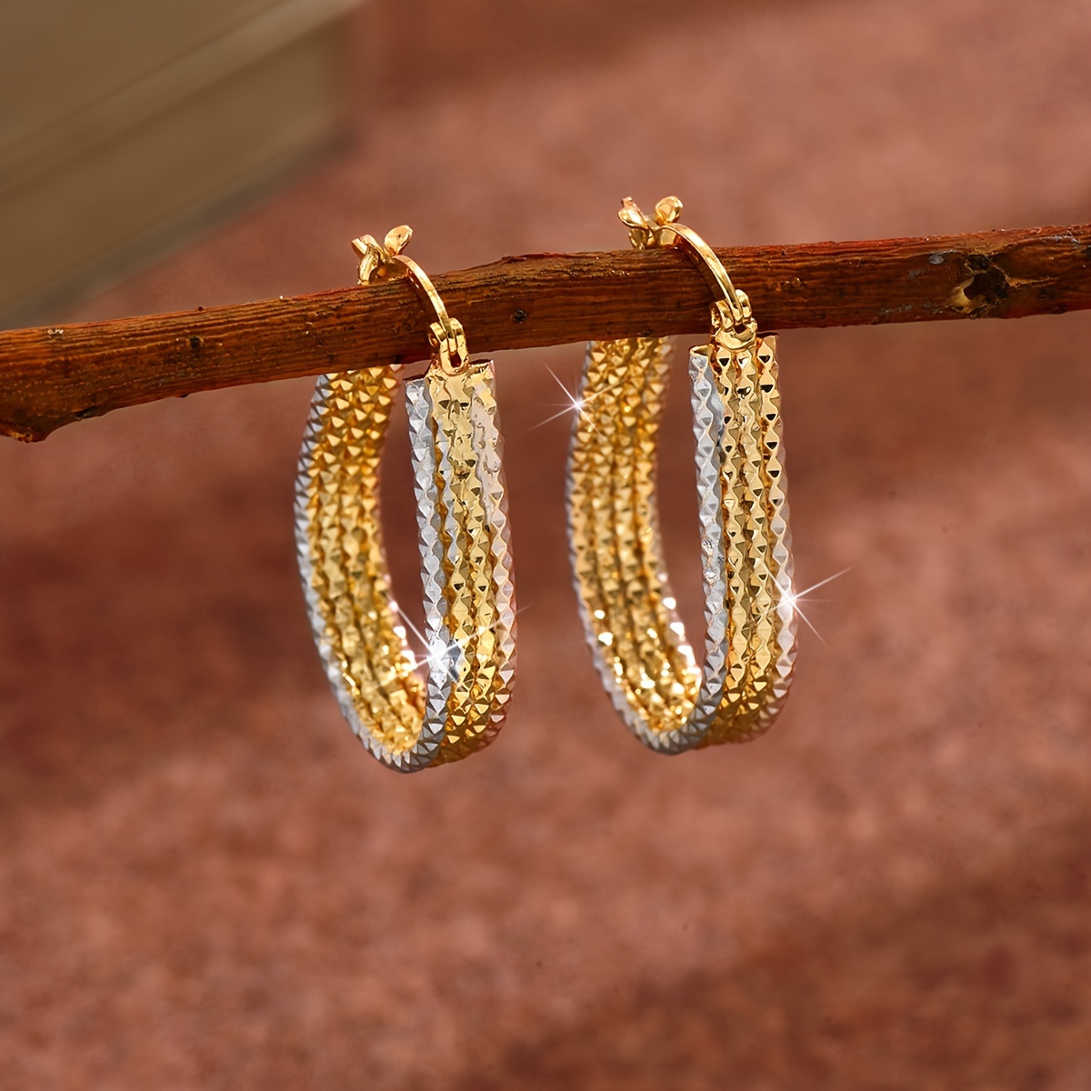 

Sparkling Hoop Earrings, Golden Copper Ear Jewelry, Elegant Simple Style Oval Earrings For Women