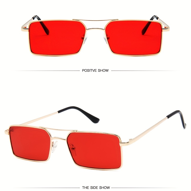 Red Lens Vintage Punk Sunglasses Rectangle Metal Shades - Temu