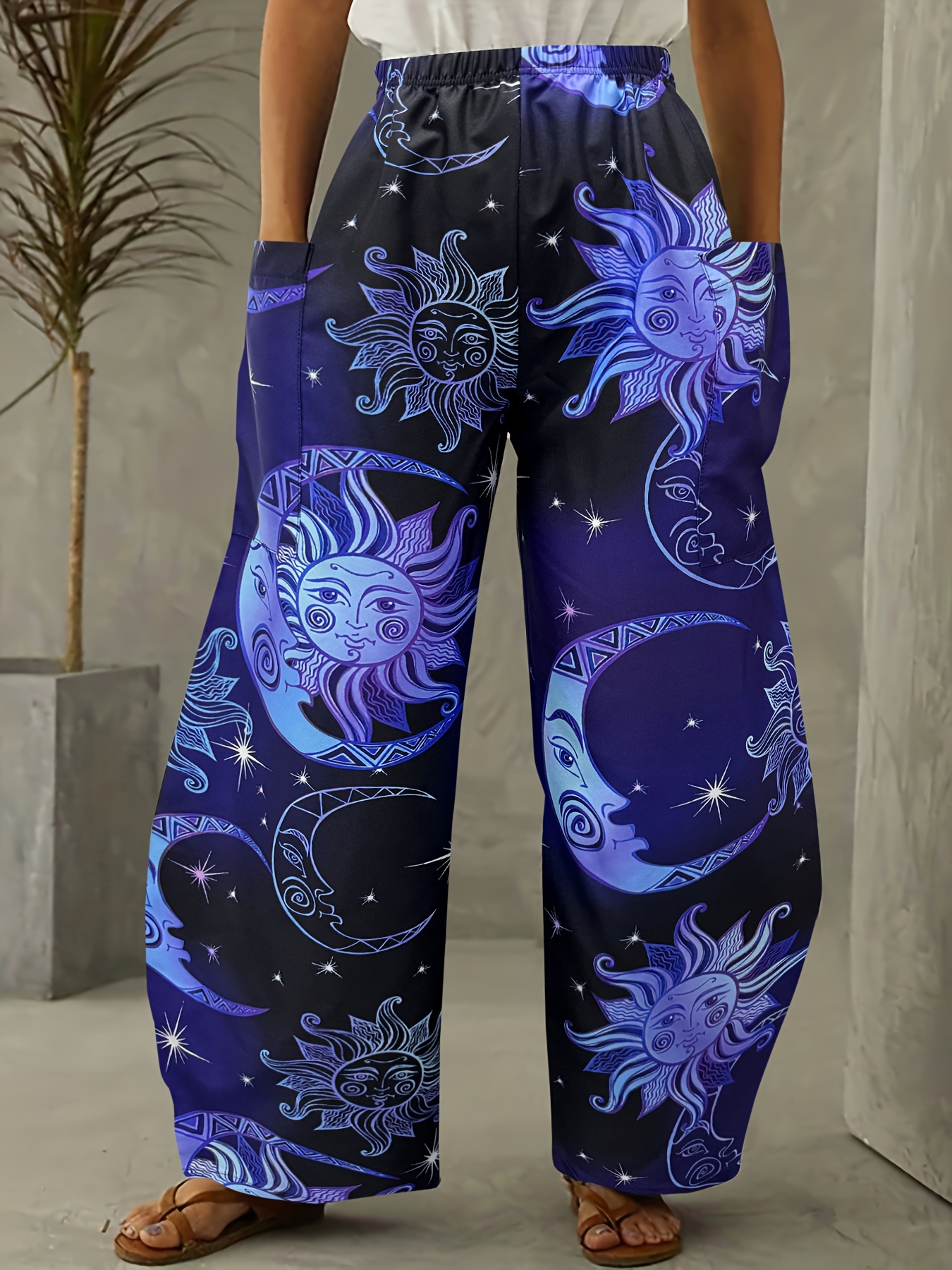 Sun Moon Print Elastic Waist Pants Casual Wide Leg Pants - Temu