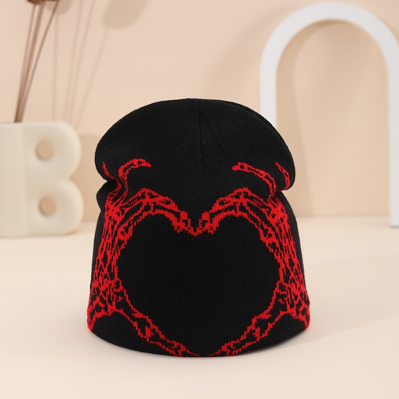 heart graphic beanie black simple skull cap casual knit hats  display picture 2