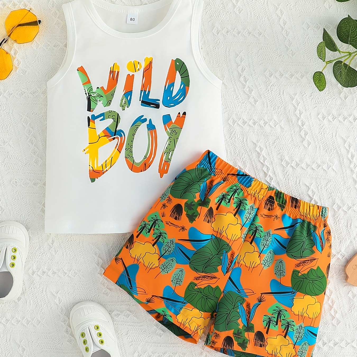 

2pcs Baby Boys Casual "wild Boy" Vest Top & Shorts Set, Casual Clothes For Summer