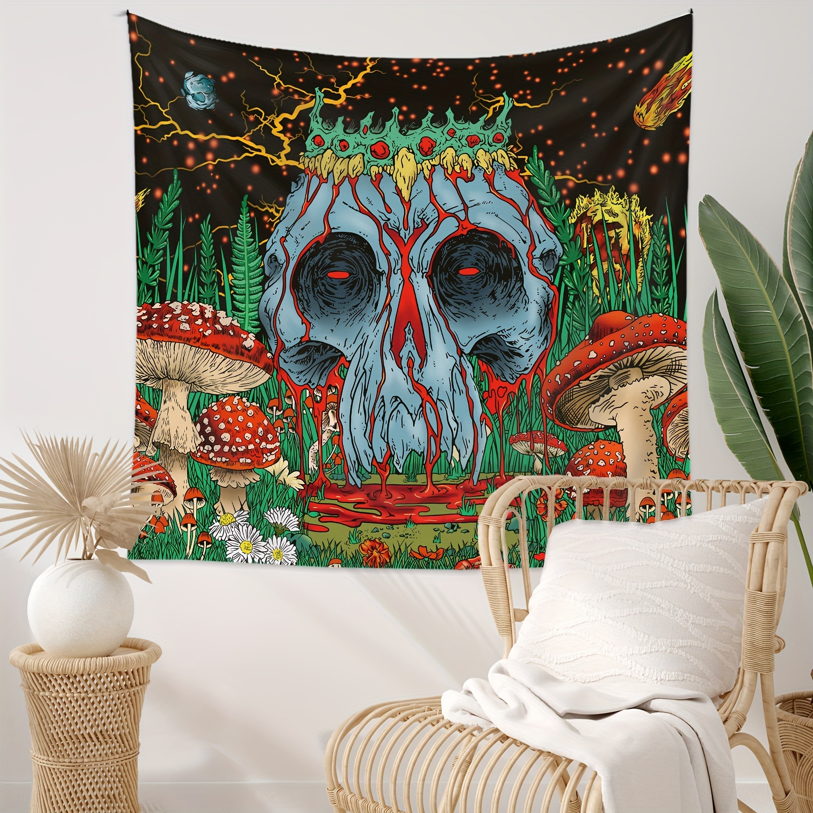 Skull Flowers Tapestry, Floral Skeleton Wall Hanging Moon Garden Tapestry  Aesthetic Mushroom Plants Tapestry Hippie Vintage Home Decor 