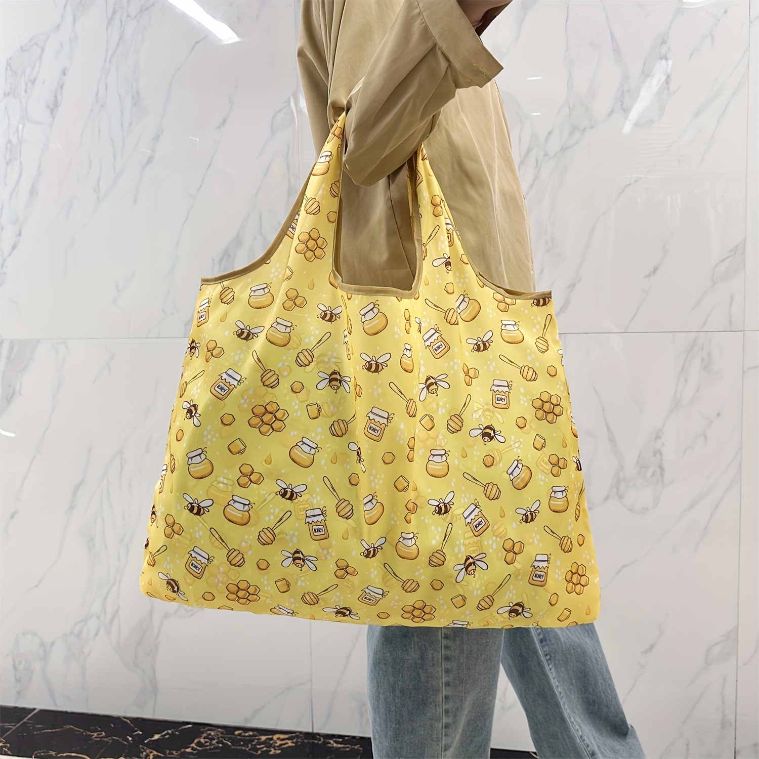 Image of High-quality Large Capacity Shopping Bag With Inner Pocket - Lightweight, Foldable Cartoon Tote For Outdoor Camping & Travel