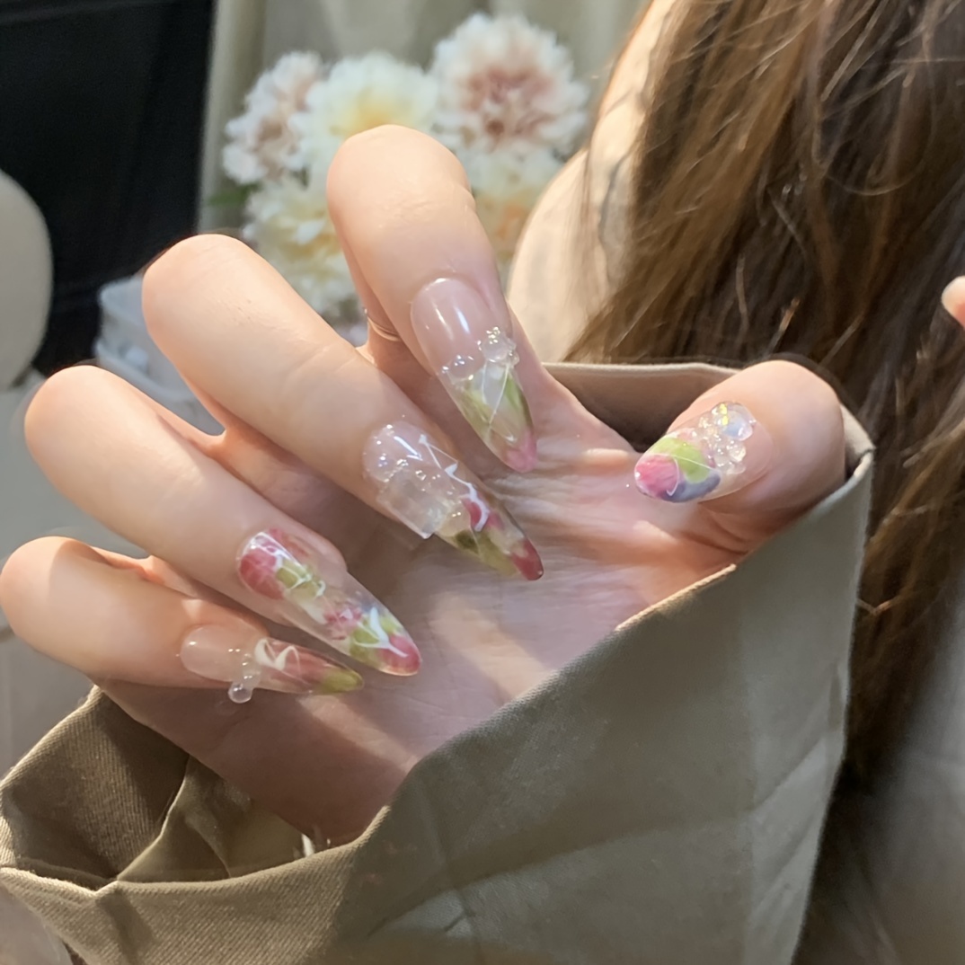 Glitter Press Nails Mixed Gradient Fake Nails Flower - Temu