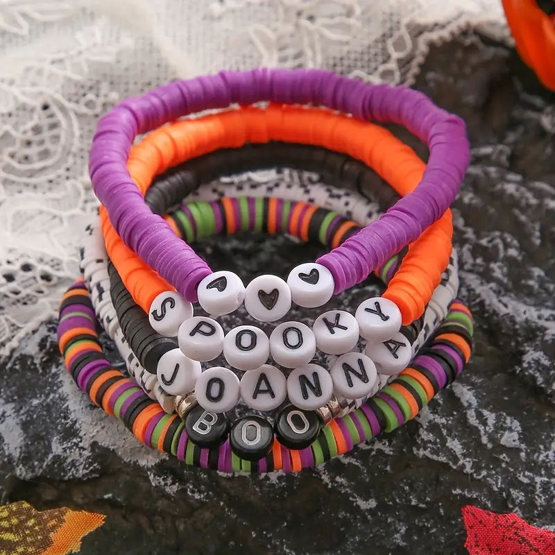 5pcs Halloween Beaded Letter Beads Pumpkin Bracelet, Soft Clay Festival Handicraft Elastic Bracelet Set, Halloween Gifts,Temu