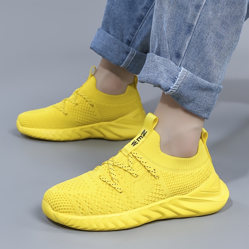 boys casual simple woven knit sneakers lace up breathable lightweight walking shoes for outdoor sports yellow details 6