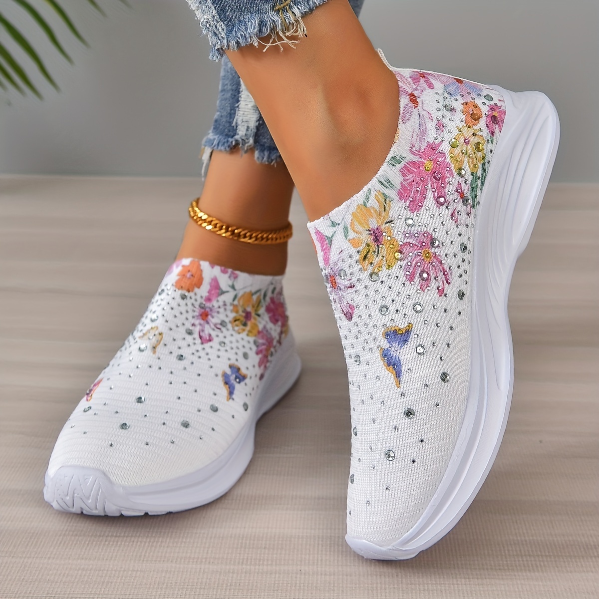 

Women's Rhinestone Decor Platform Sneakers, Casual Slip On Outdoor Shoes, Lightweight Flower Pattern Shoes