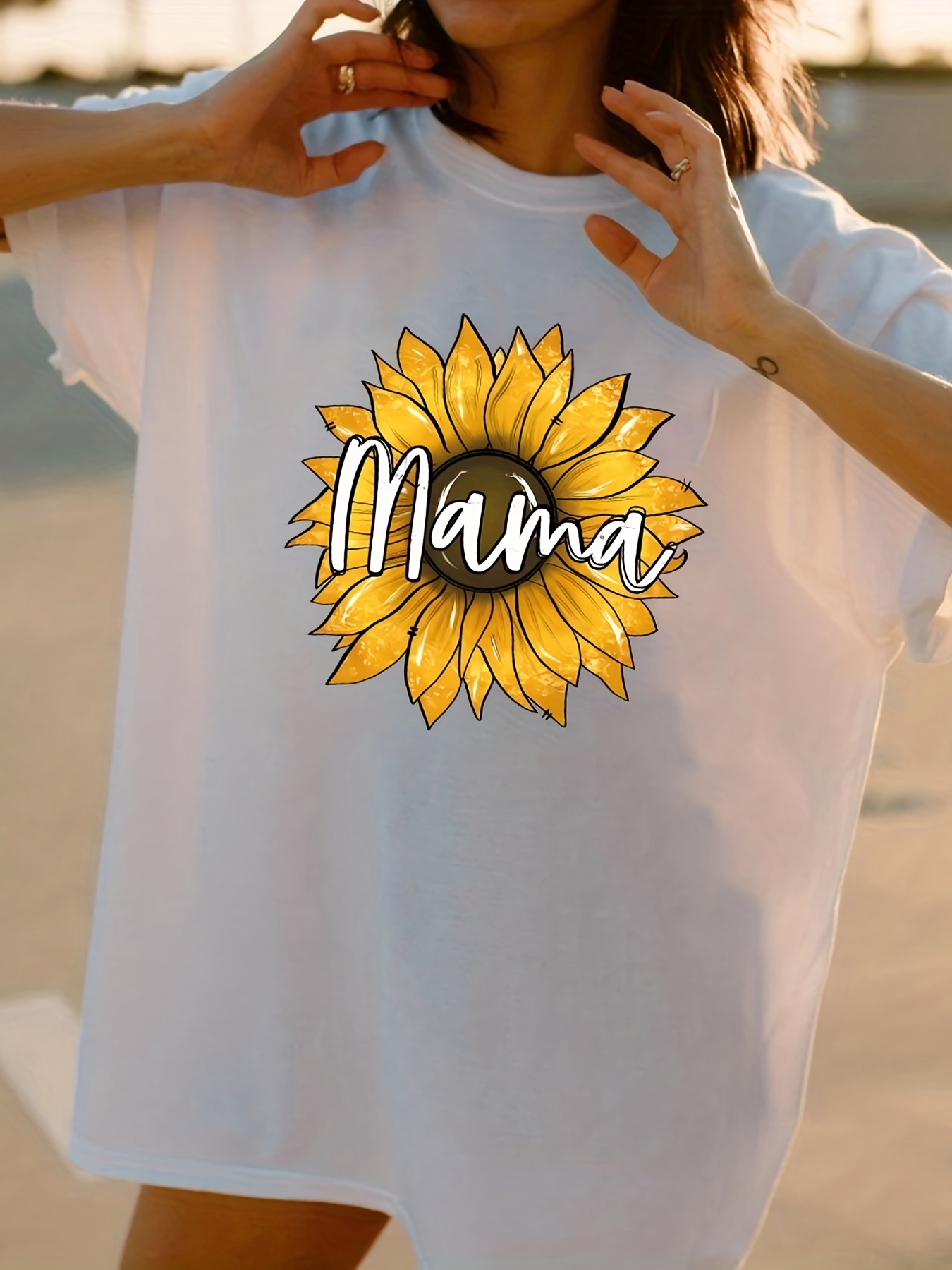 Mother's Day Print Drop Shoulder T-shirt, Casual Crew Neck Short