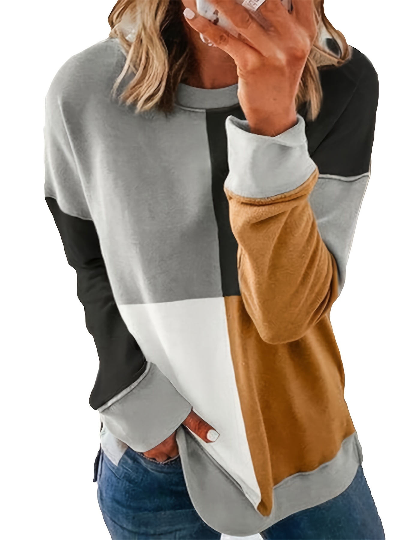 Basic Loose Color Block T shirts Casual Long Sleeve Crew - Temu South ...