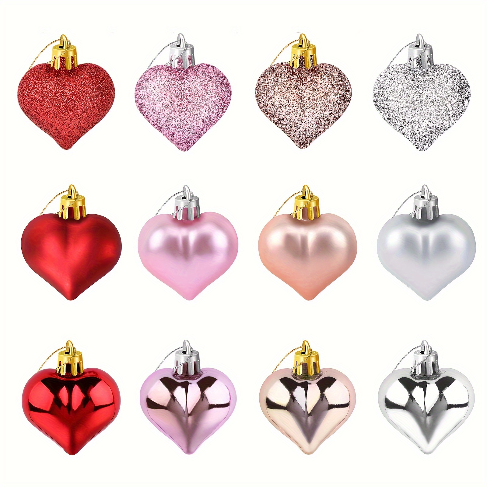 36Pcs Valentine's Day Heart Shaped Ornaments | Valentines Heart Decorations  | Red Pink Silver Glitter Heart Shaped Baubles | Romantic Christmas